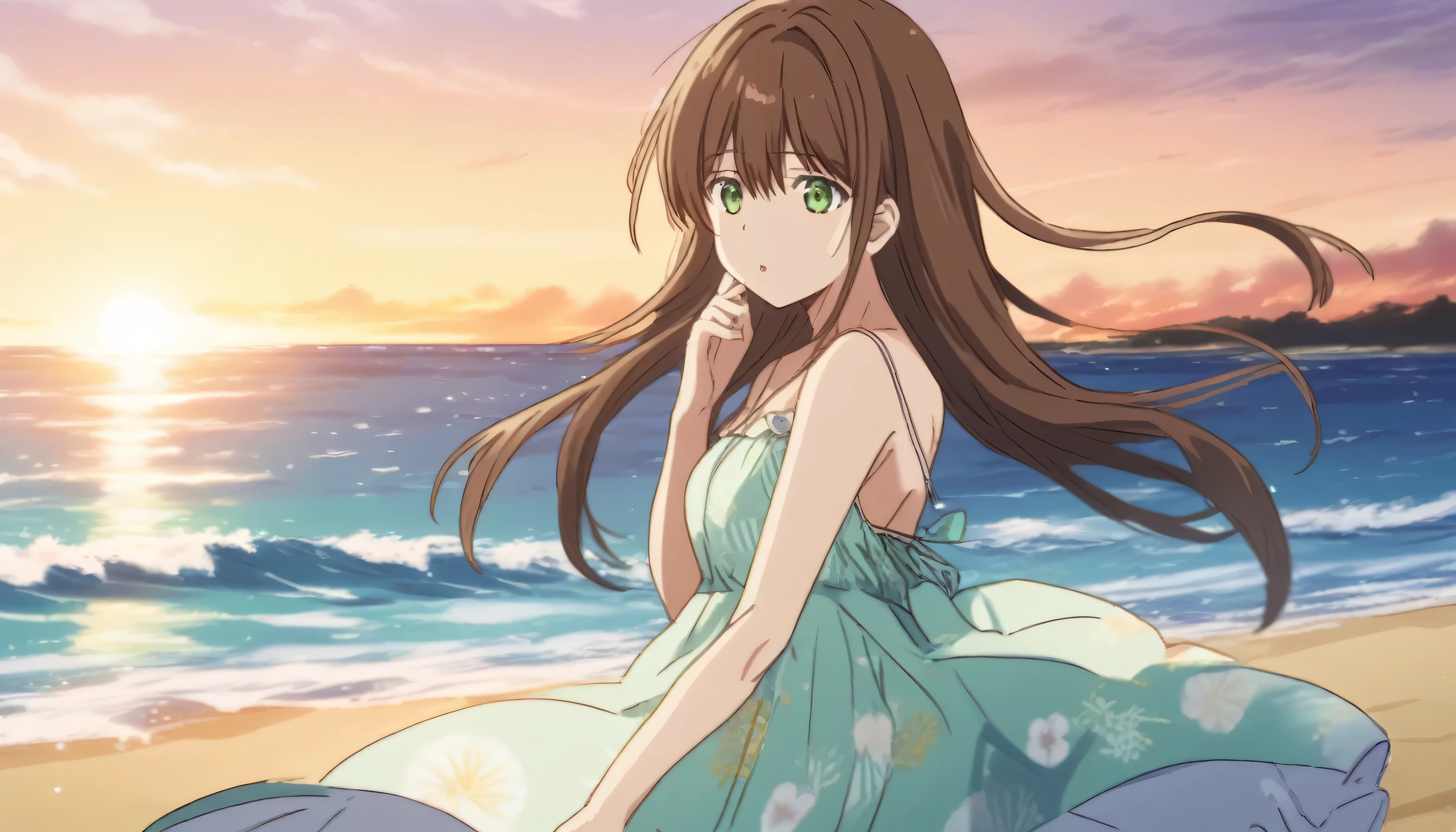 Hina Tachibana, long hair, brown hair, green eyes, Summer Dress, long dress, Beach, wind, pleasure, sunset
