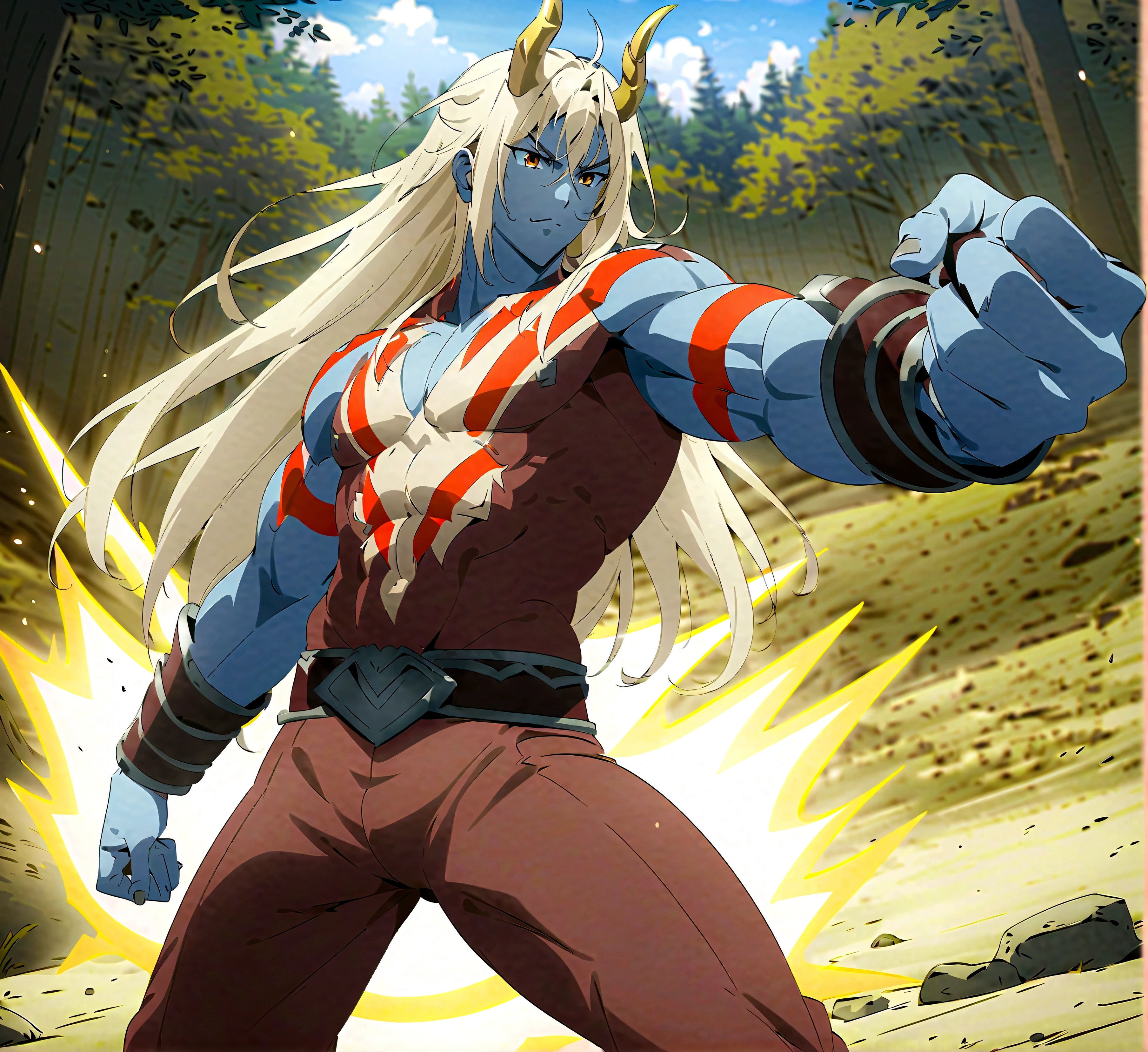 anime aestetic, anime character, standing in the battle pose, holding healbert, grey skin, male, serioce face, mature face, ogre, red tatoos, agry eyes, golden horns, two horns, ogre, muscular body, dynamic pose, brown eyes, white long hair, blury forest on the background, daytime, perfect quality, pov, highres, best quality, award winning, 4K, high details, anatomically correct, masterpiece