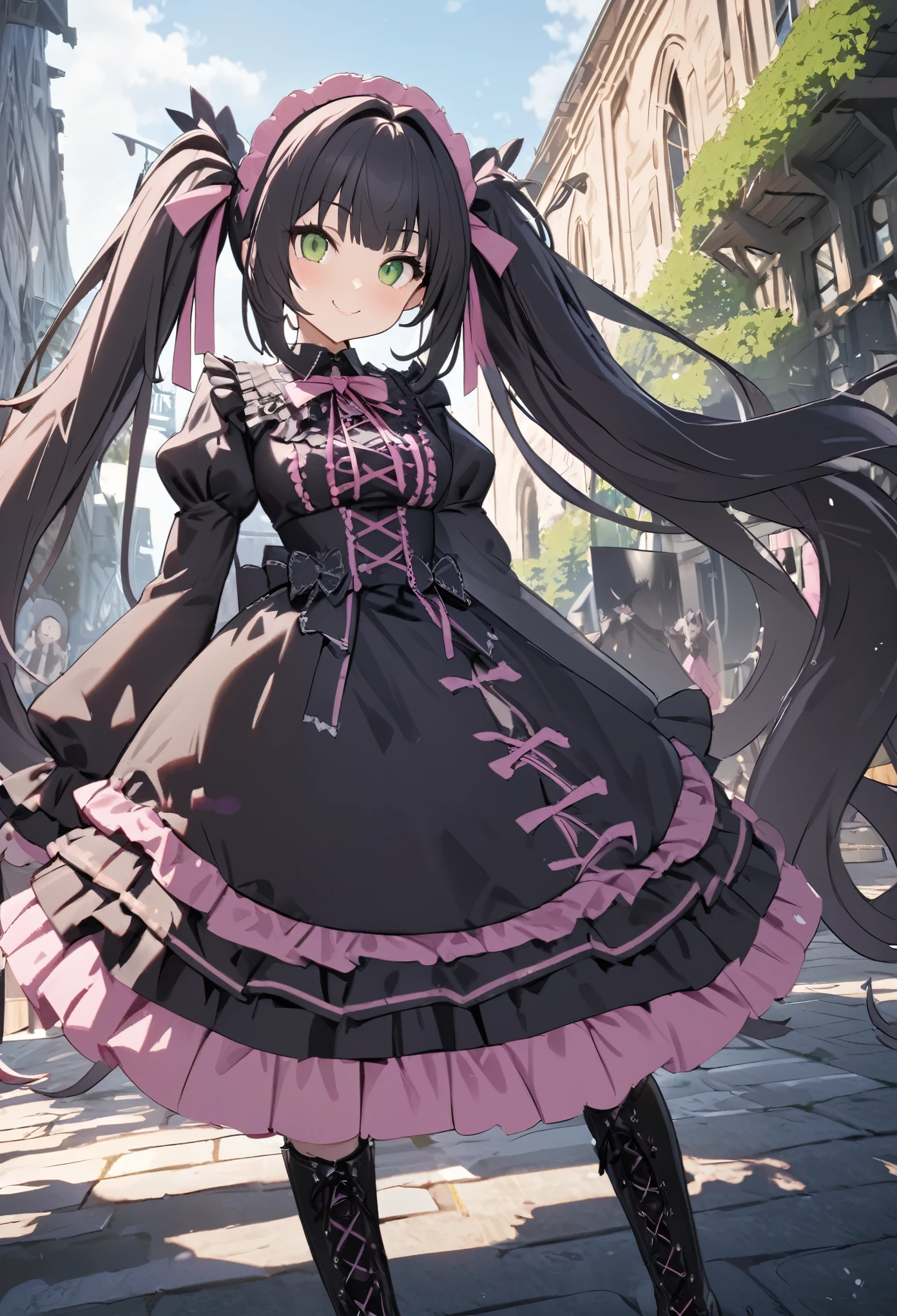 master piece Highest quality Unity 8k,(twin tail),hair ribbon,black hair,very long hair,green eye,Smile(jiraikei (pink gothic ta:1.3)),lace up boots,outdoor