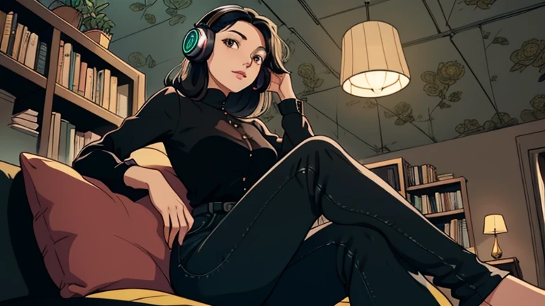 Beautiful woman in her 30s with black hair is sitting on the sofa. Looking down, LOFI girl, alone in the room, blouse, cozy wallpaper, big cushion, bookshelf, relaxing mood, night core, cozy, wide glass window with skyscrapers, outside view at night, only five fingers, listening to music with headphones, Deep black eyes,