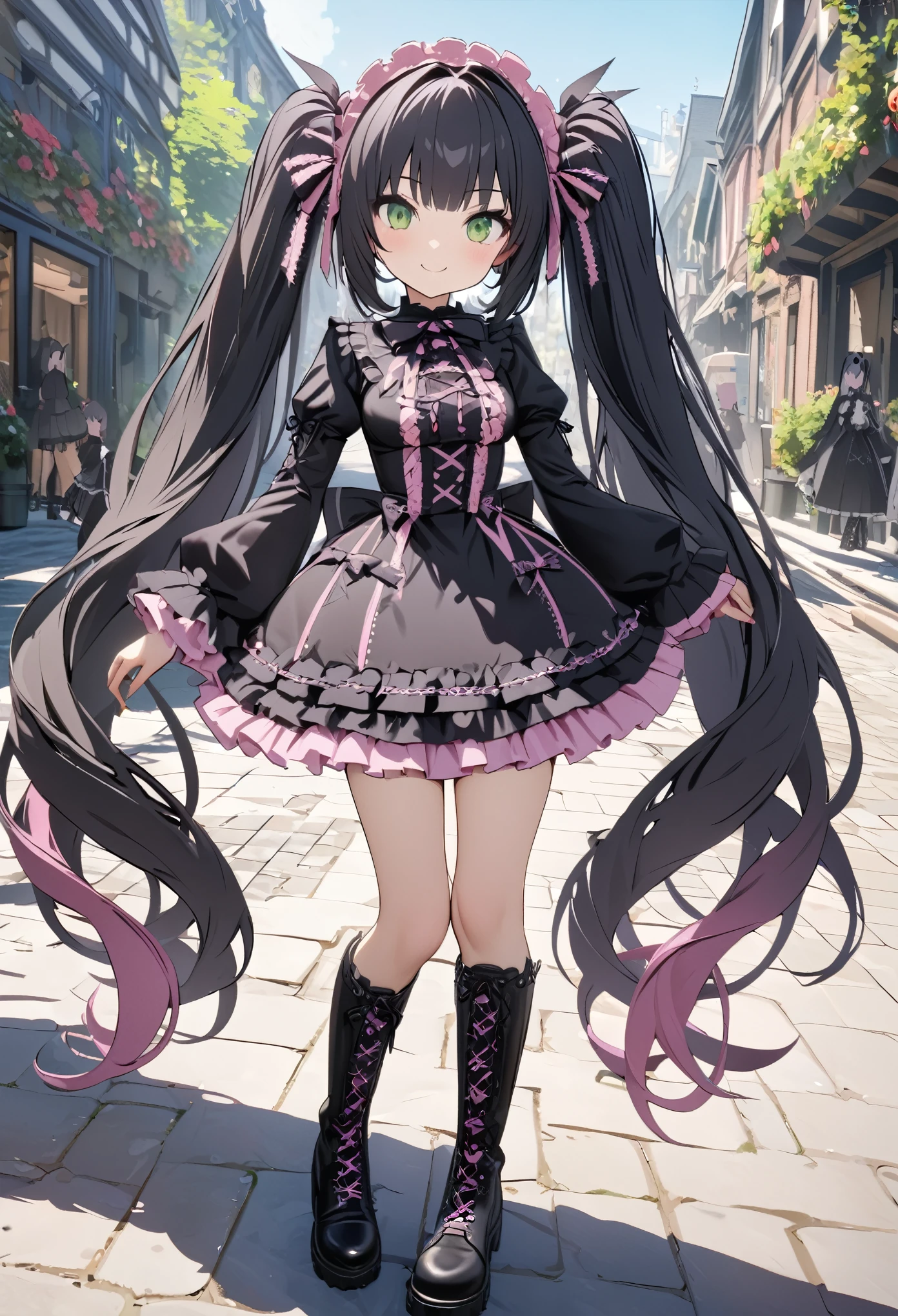 master piece Highest quality Unity 8k,(twin tail),hair ribbon,black hair,very long hair,green eye,Smile(jiraikei (pink gothic lolita:1.3)),lace up boots,outdoor