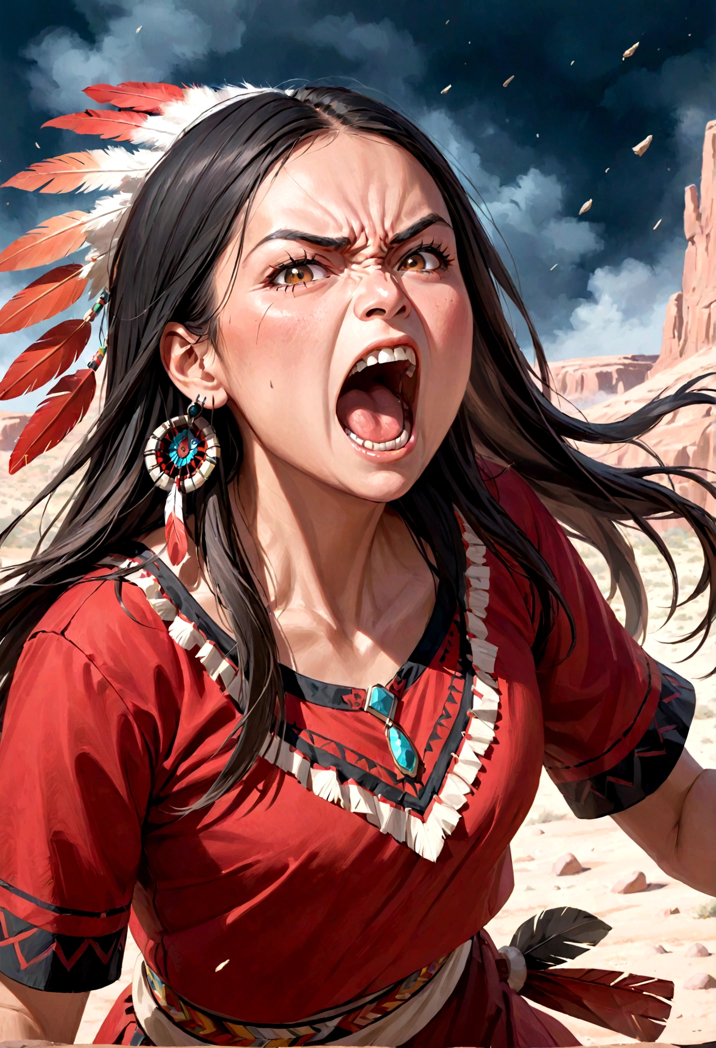 a native american woman with an aggressive look, she shouts angrily. She wears red/black clothes