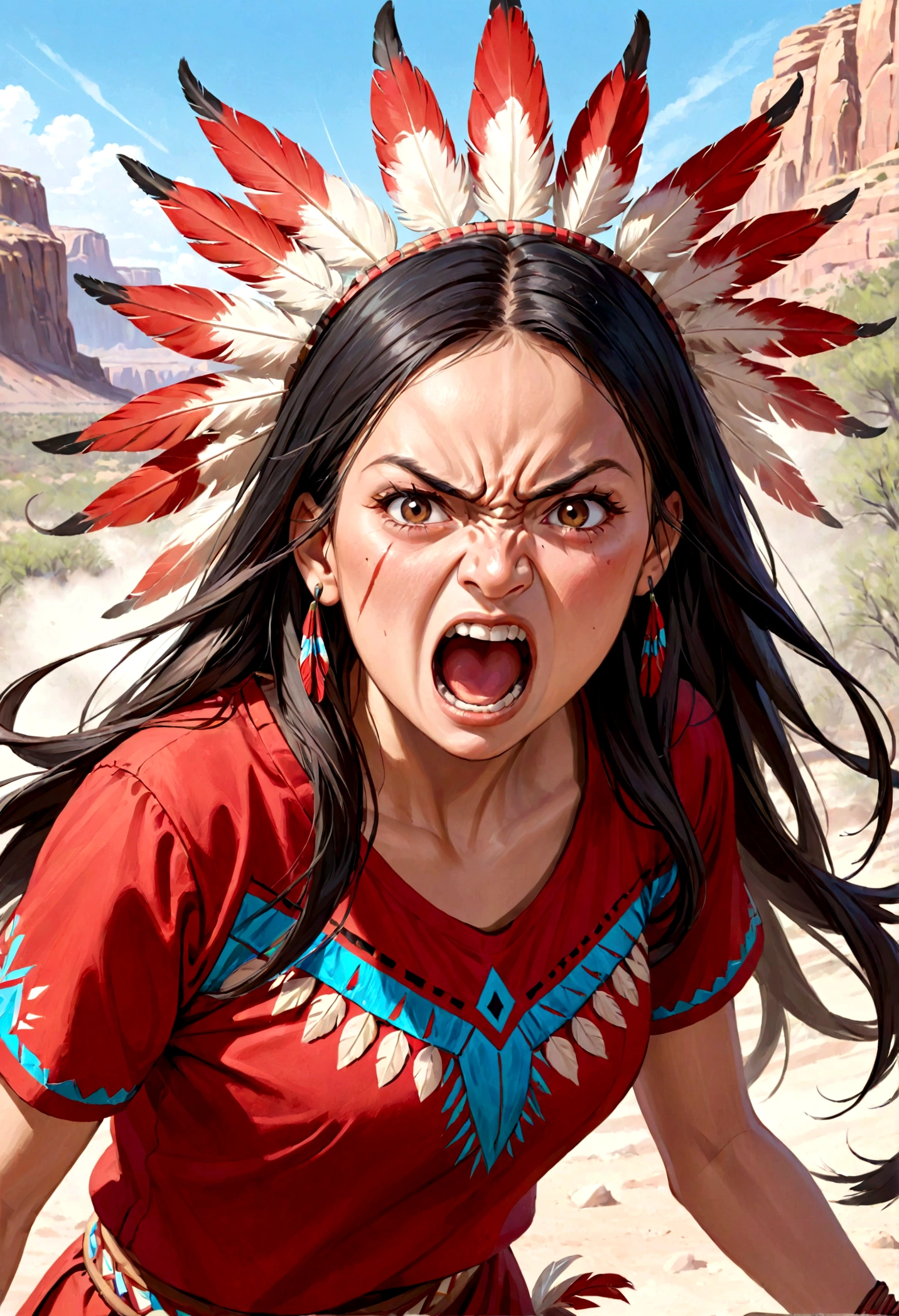 a native american woman with an aggressive look, she shouts angrily. She wears red/black clothes