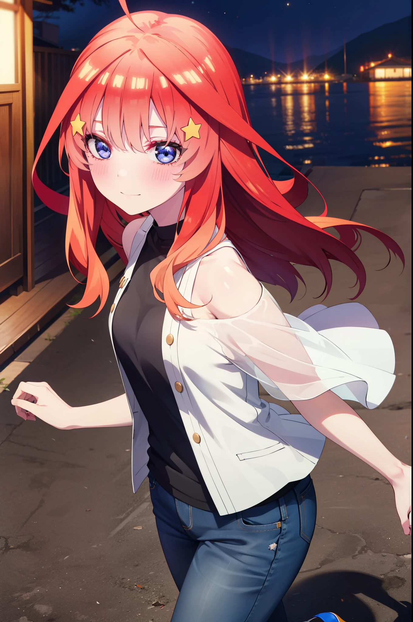 itsukinakano, Itsuki Nakano, bangs, blue eyes, Hair between the eyes, Ahoge, Redhead, star \(symbol\), hair ornaments, star hair ornaments,smile,blush,Cold shoulder tops,Skinny jeans,Short sleeve,Stiletto heels,night,Walking,moon,whole bodyがイラストに入るように,Looking down from above,
break outdoors, In town,Building district,
break looking at viewer, whole body,
break (masterpiece:1.2), highest quality, High resolution, unity 8k wallpaper, (figure:0.8), (Beautiful fine details:1.6), Highly detailed face, Perfect lighting, Highly detailed CG, (Perfect hands, Perfect ???????),