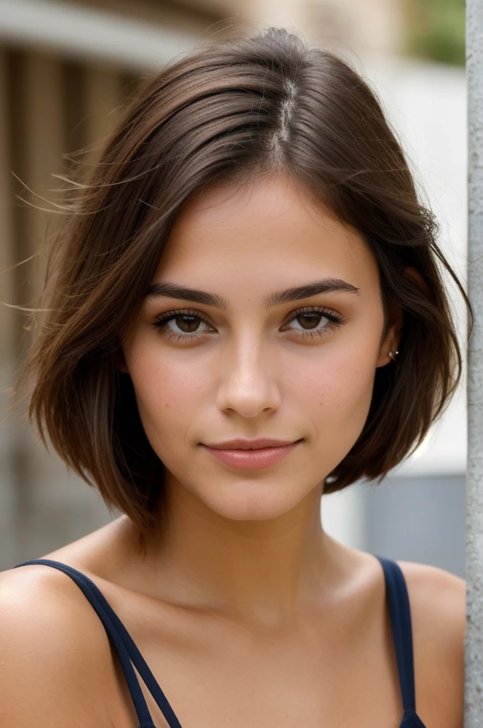 Jeune femme , brune , teint matt , couleur de peau colombienne ,  de face , le plus realiste possible , rend les cheveux , le visage et la peau le plus realiste possible 