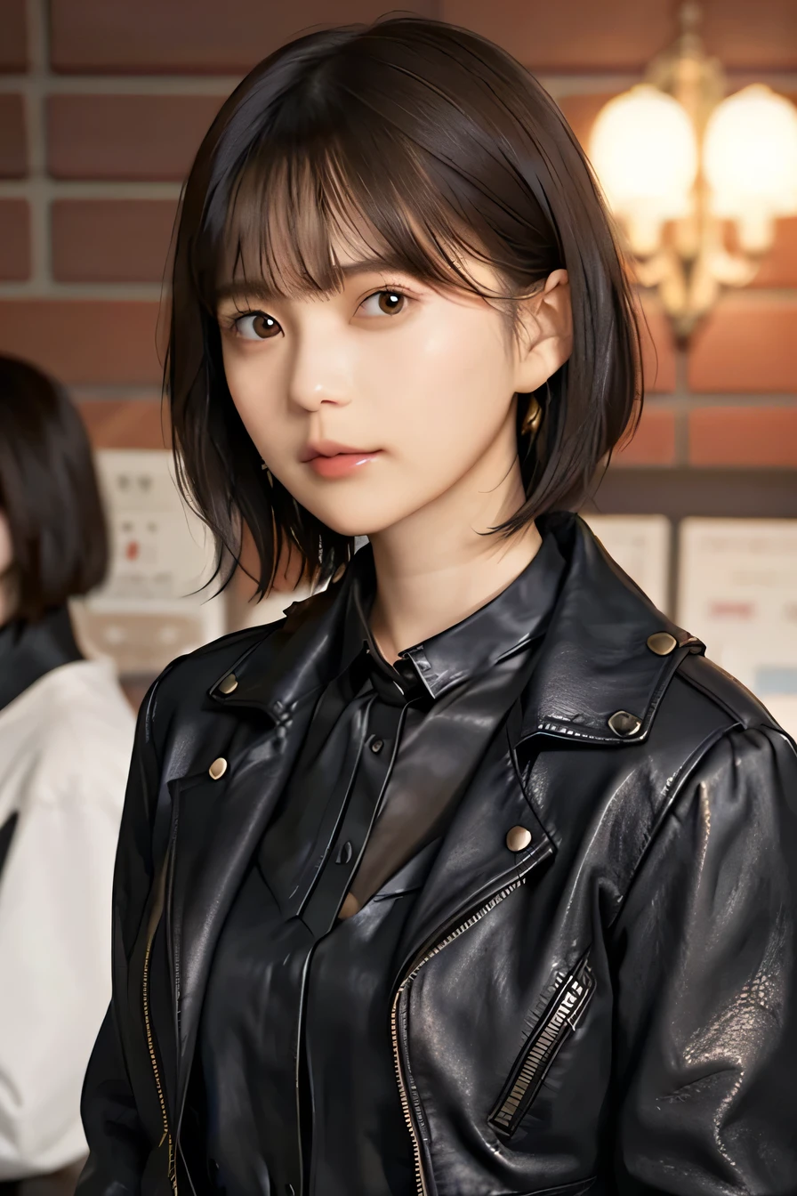 205 ((short hair)), 20-year-old female, Surrealism,leather jacket、blouse、Mask on mouth、Shoulder Fashion、、Brown Hair、ear piercing、Necklace around the neck、

