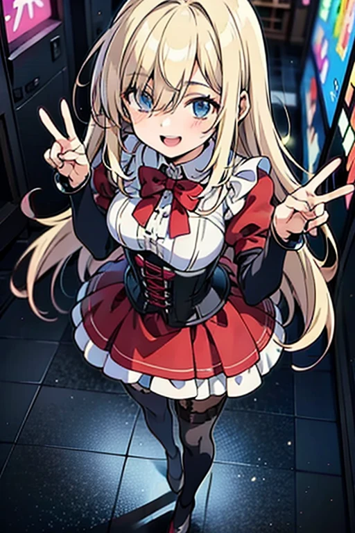 anime girl, (corset dress: 1.2), (stockings), (Big smile), (whole body), (Long white hair), (View from above), (Hair in one eye),Enchanting anime girl, Best anime 4K, wallpapers, Attractive anime girl, 4k anime wallpaper, 4K Manga Wallpaper, Detailed digital anime art, Anime Best Girls, Beautiful Anime Girls, cyber punk, Detailed anime artwork, Beautiful and attractive anime women