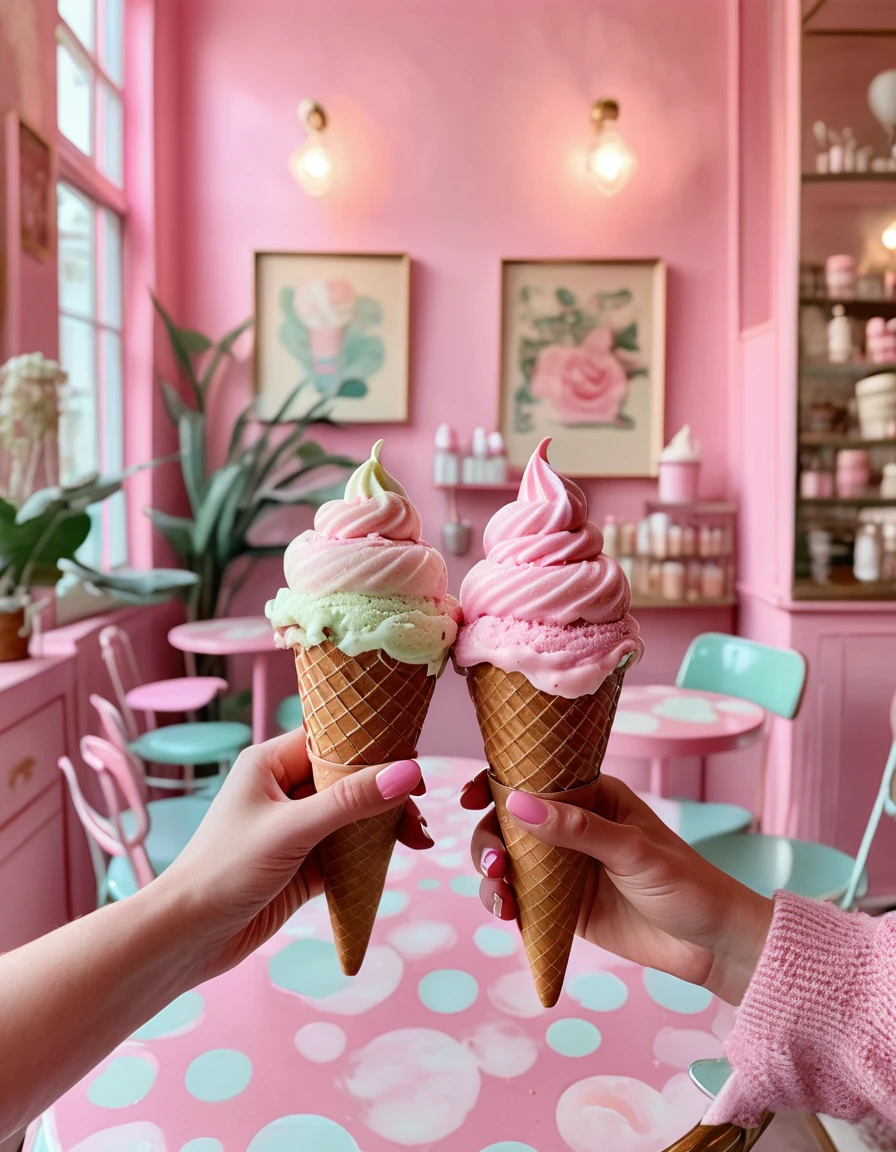 A cozy café scene where two hands delicately hold an ice cream cone with pink swirls, surrounded by vintage décor and pastel hues.