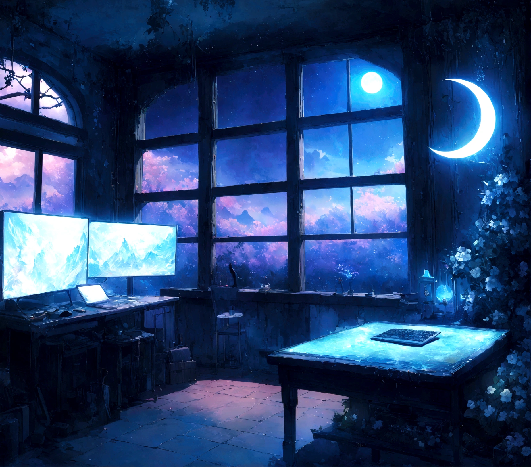 on the desk、No people、Tablet、liquid crystal、moon、PC Monitor、liquid crystalTablet、smartphone、wall、Dark atmosphere、Blue Neon、Blue Star、keyboard、Vocal Microphone、headphone、Large windows、scenery、white flowers and a laptop on a desk in front of a window, a digital painting inspired by Uragami Gyokudō, pixiv contest winner, magical realism, magic lab background, magical background, background art, personal room background, random background scene, anime background art, cozy cafe background, fairy tale style background, background artwork, mobile game background