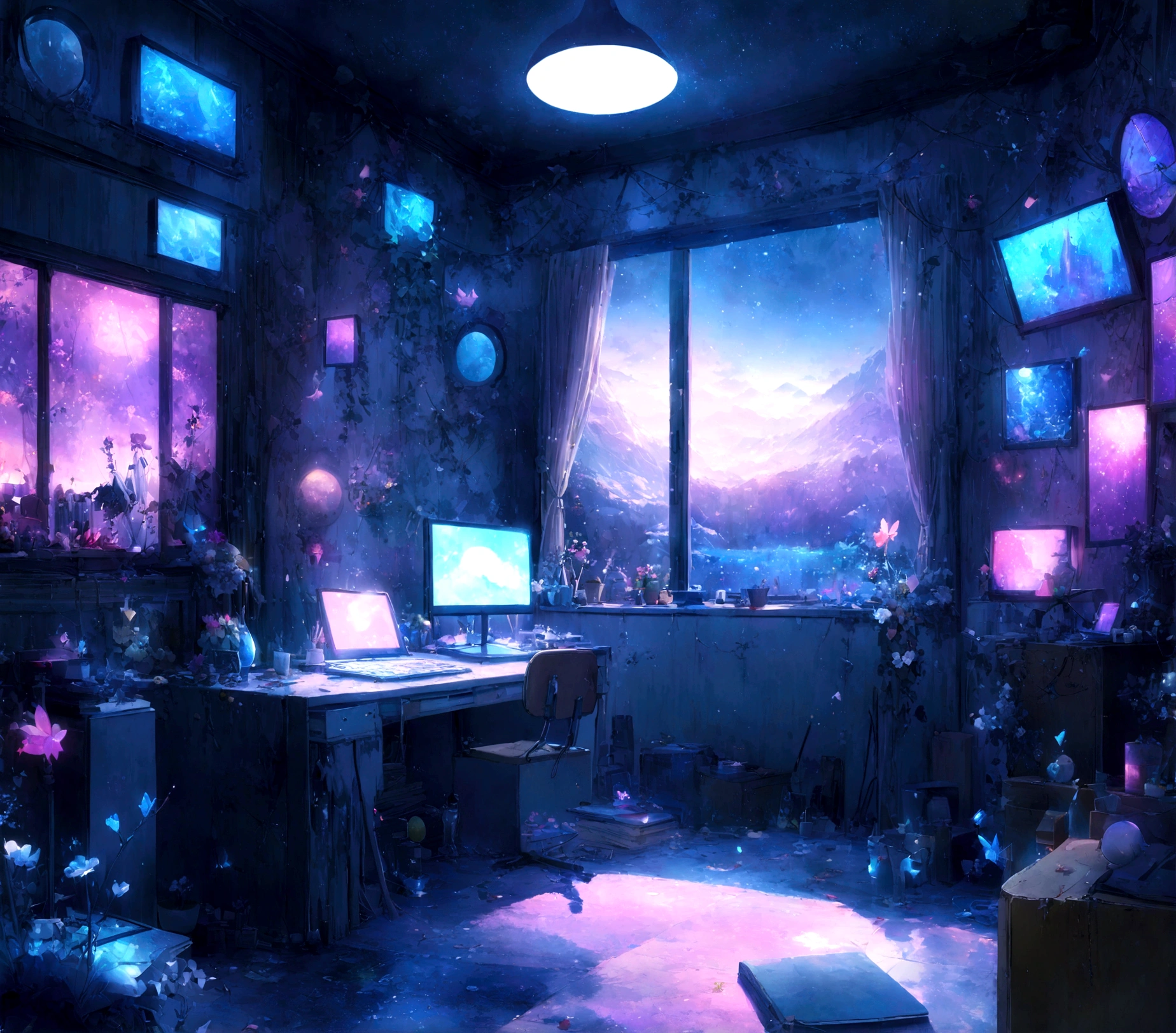 on the desk、No people、Tablet、liquid crystal、moon、PC Monitor、liquid crystalTablet、smartphone、wall、Dark atmosphere、Blue Neon、Blue Star、keyboard、Vocal Microphone、headphone、Large windows、scenery、white flowers and a laptop on a desk in front of a window, a digital painting inspired by Uragami Gyokudō, pixiv contest winner, magical realism, magic lab background, magical background, background art, personal room background, random background scene, anime background art, cozy cafe background, fairy tale style background, background artwork, mobile game background