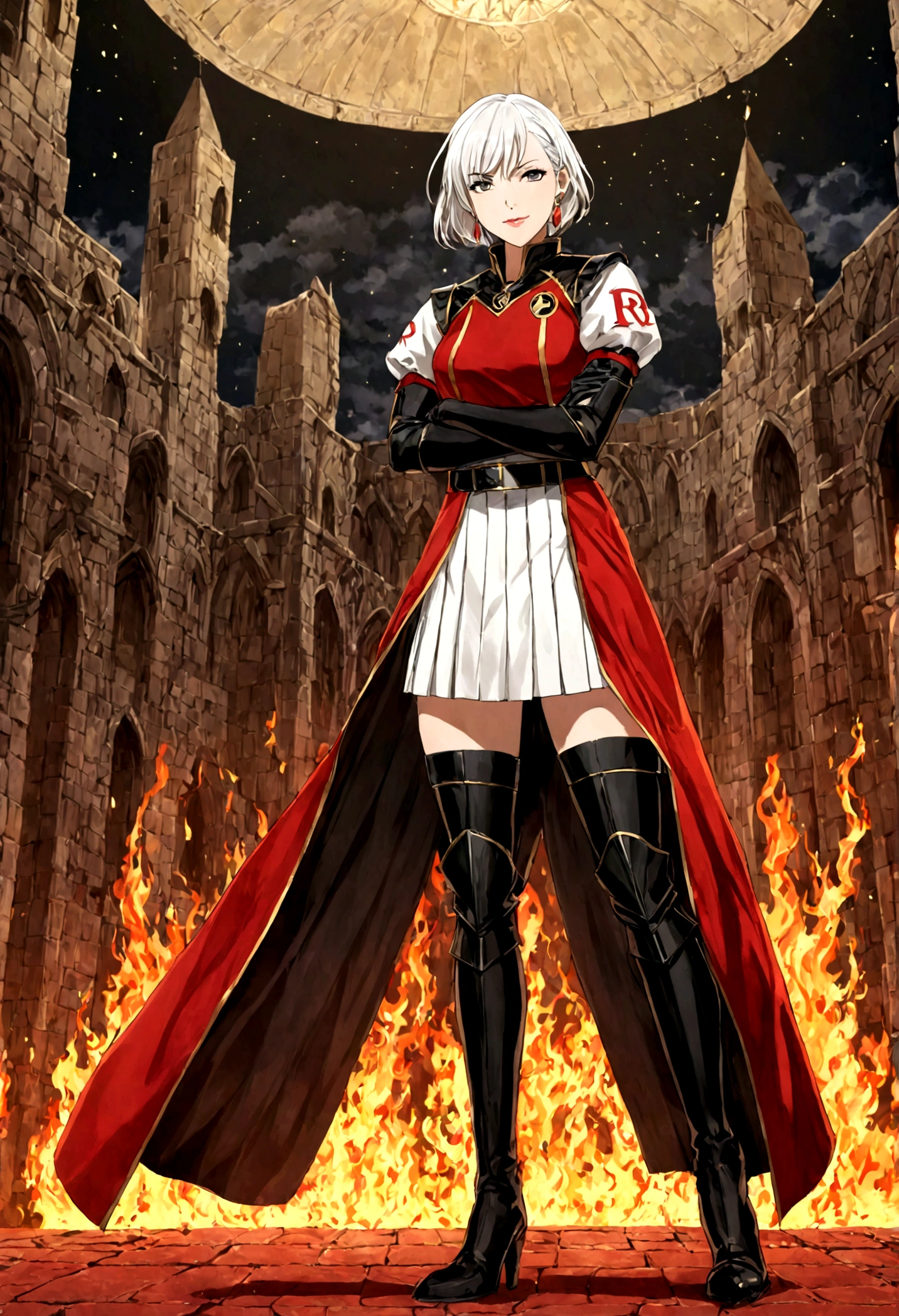 (((1 girl))) short hair, earrings ,Glossy lips ,Rockets uniforms, Red letter R, White Skirt, White short top, Black over-the-knee boots, Black elbow gloves, Evil smile, looking at the audience, Cowboy shooting, Arms Crossed, Mercedes von Matrice full body photo (Fire Emblem: three houses)
