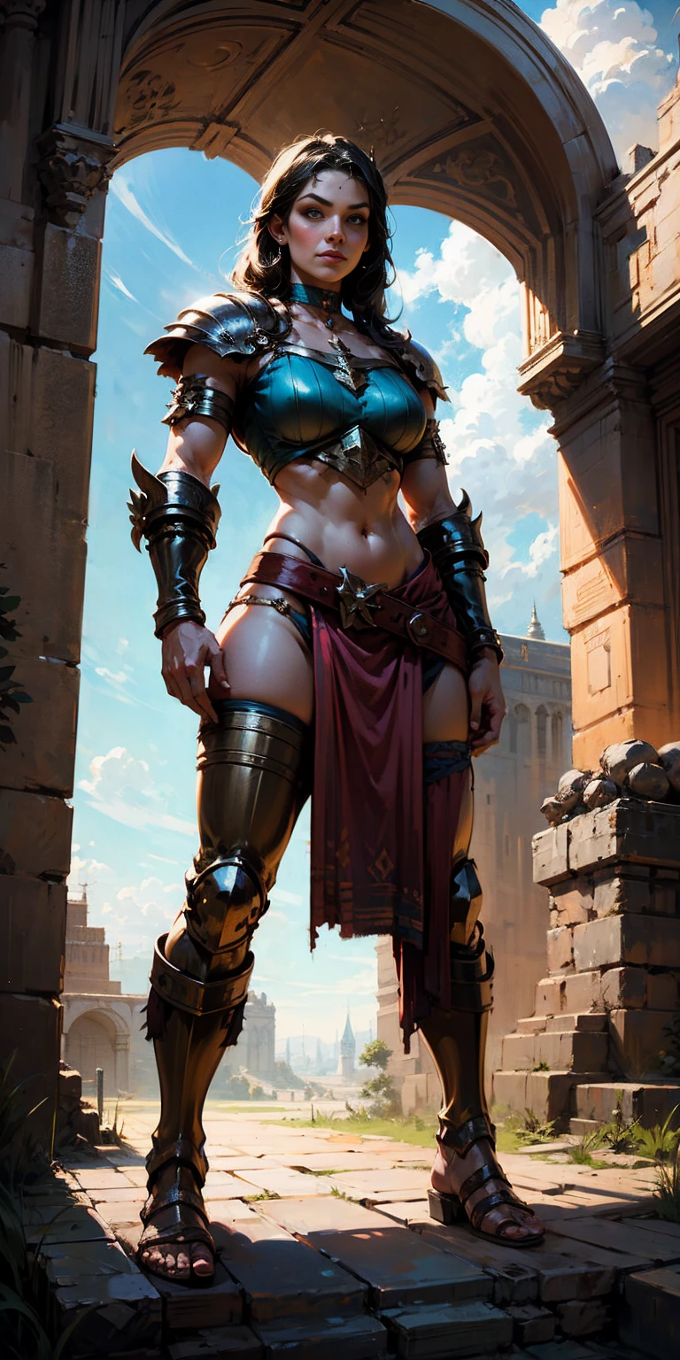 full body whole body 1sologirl loincloth standing warrior proud expression, hands on hips, loincloth standing, hands on hips, metal sandals, choker, big belt, view from below, feet together, bracers, tiara