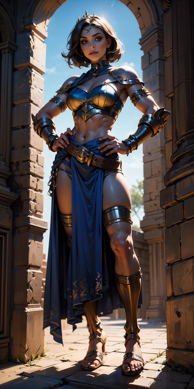 A beautiful, strong woman with prominent muscles on her abdomen.Navel .Wearing an iron arm on her shoulder .Wearing a shiny golden iron shield and a golden bikini with golden chains .Chains at the thigh . Wearing a golden crown at the head . Thick, strong thighs .Wearing black wrestling gloves.Fire in the sky .