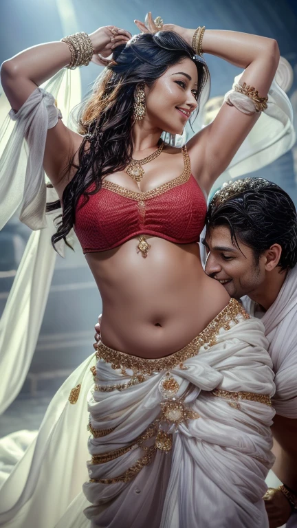 HD wallpaper 32k cinematic shoot of a Beautiful cute wet Pooja Hegde, with thick thighs and a curvy waist, smiling, wearing an Indian song dress, ((navel)), BREAK (Ceremony, Red carpet, Large crowds:1.5),Profile beauty,, ((a man kissing her waist)), ((a man kissing her navel)), ((wet girl)), ((sweaty girl))