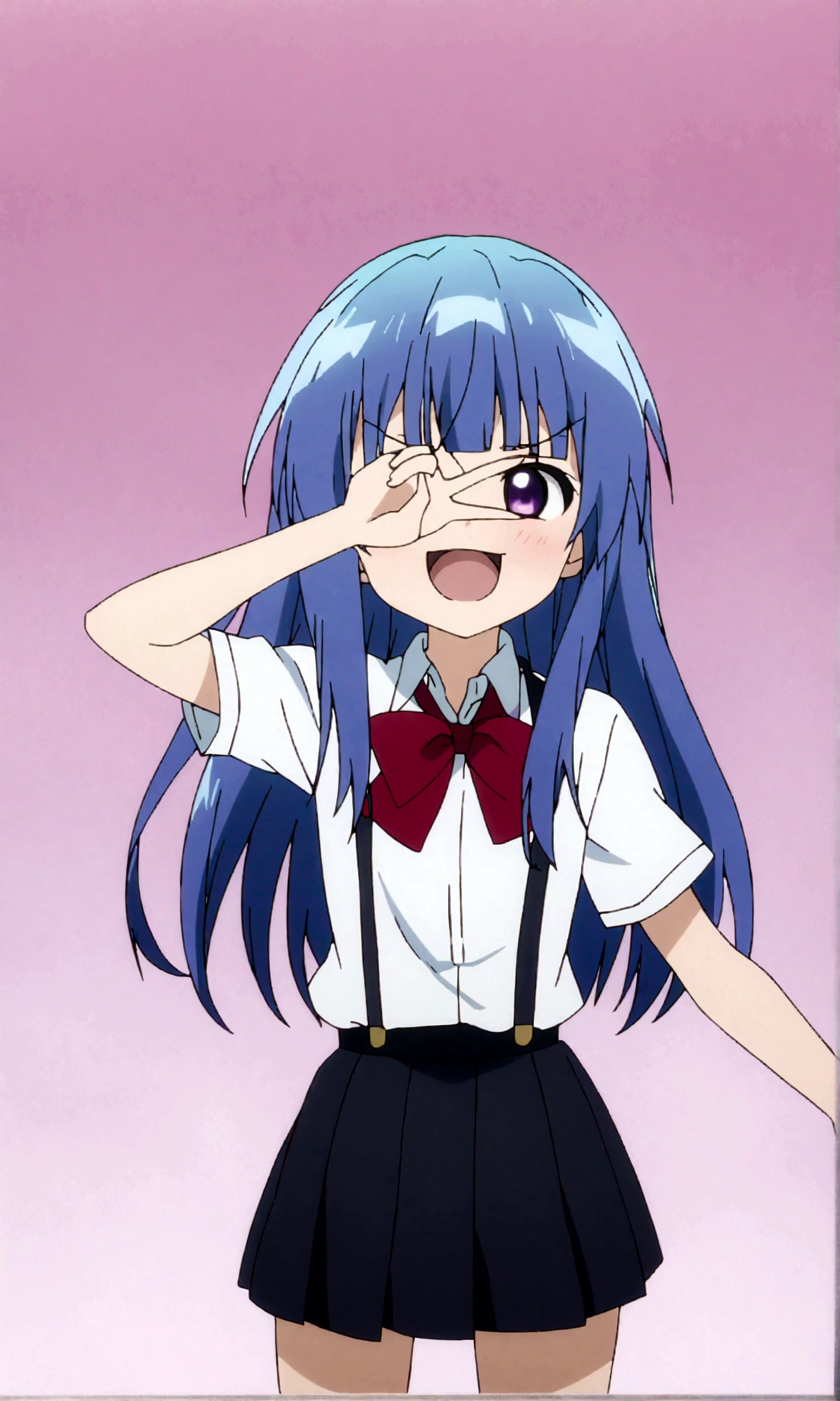 score_9,score_8, score_8_up, BREAK 1girl, solo, furude rika, (tween), kawaii, blue hair, purple eyes, long hair, blunt bangs, bangs,straight-on, simple background, white background, bow, skirt, shirt, suspenders, smile, short sleeves, pleated skirt, white shirt, open mouth, :d, red bow, facing viewer,^_^,smug, suspender skirt, , black skirt, collared shirt, blush, bowtie, blunt bangs, dress shirt,masterpiece, best quality, source_anime,anime screencap,anime coloring,standing,fullbody,,v over eyes. ,