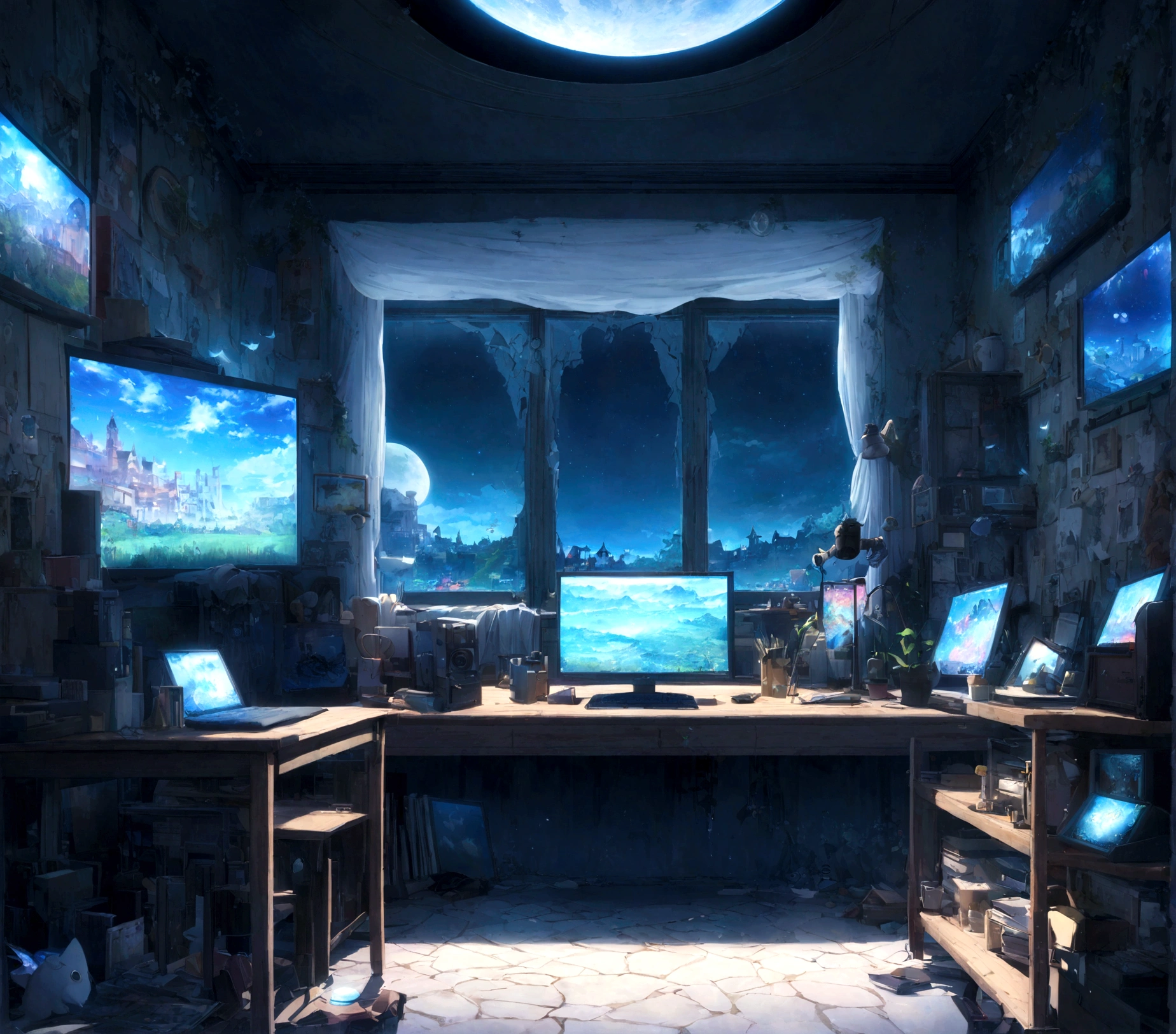 on the desk、No people、Tablet、liquid crystal、moon、PC Monitor、liquid crystalTablet、smartphone、wall、Dark atmosphere、Blue Neon、Blue Star、keyboard、Vocal Microphone、headphone、Large windows、scenery、white flowers and a laptop on a desk in front of a window, a digital painting inspired by Uragami Gyokudō, pixiv contest winner, magical realism, magic lab background, magical background, background art, personal room background, random background scene, anime background art, cozy cafe background, fairy tale style background, background artwork, mobile game background