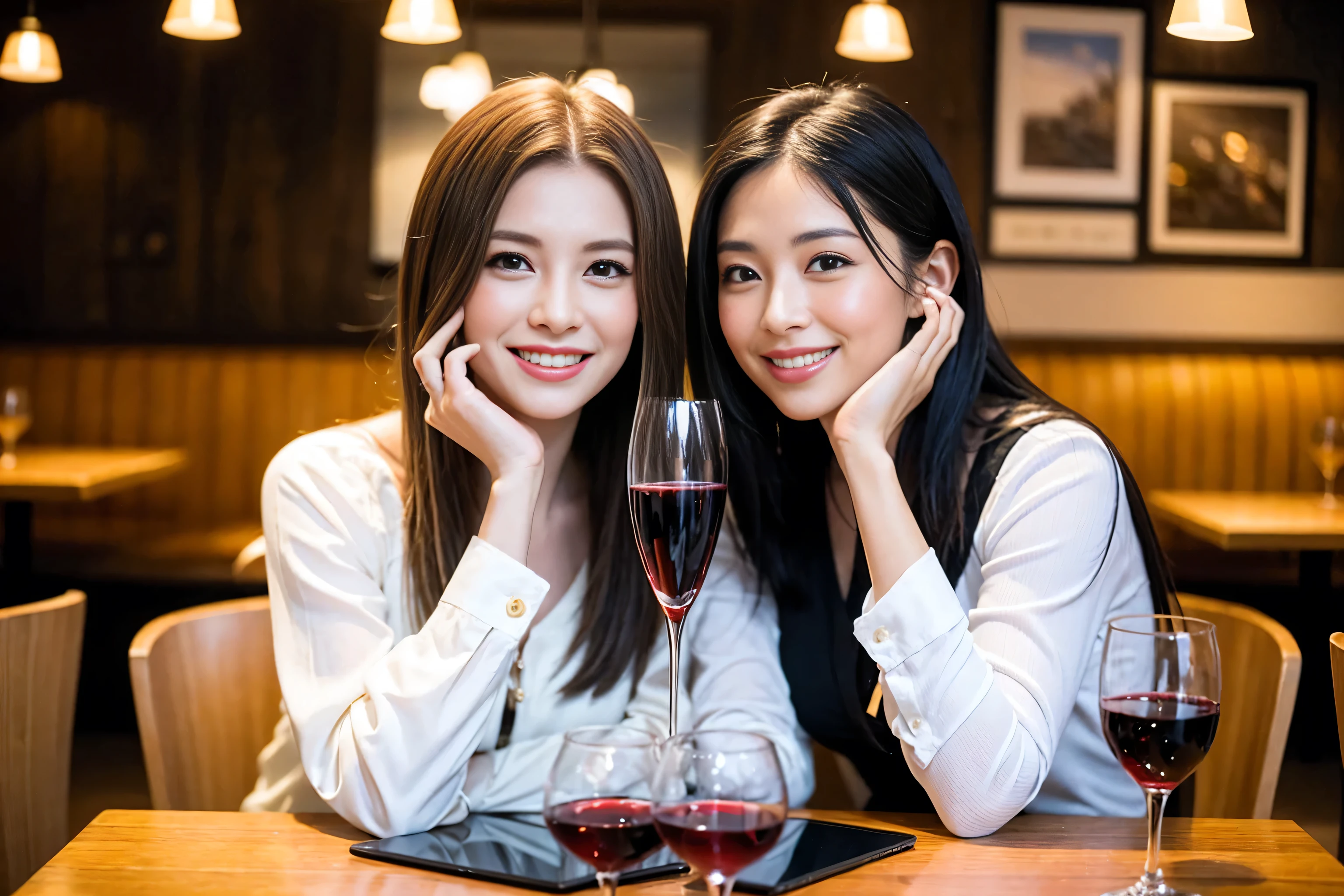 ((highest quality、8k、masterpiece:1.3))、1 male 1 female、Lovers、beautiful couple、Happy Smile、 (Slim face), (The body is スリム), (Brown Hair), (Shortcuts), ((Bob Hale、Straight hair:1.2)), Wine glass on the table、Please put light on my face、 Amazing view of the sunset sky and clouds、Amazing mountain views、The wonderfulness of smiles、Bright image、Blushing, Shortcuts,Bright Face、 (Age 35), 39 years old, red wine 、Appetizers、Italian food、Wine bottle、Champagne、sparkling wine、Long sleeve shirt、dress、Attractive beauty、restaurant, Nova Frog Style, actress, model, Upper Body, White wine, red wine, wine glass,