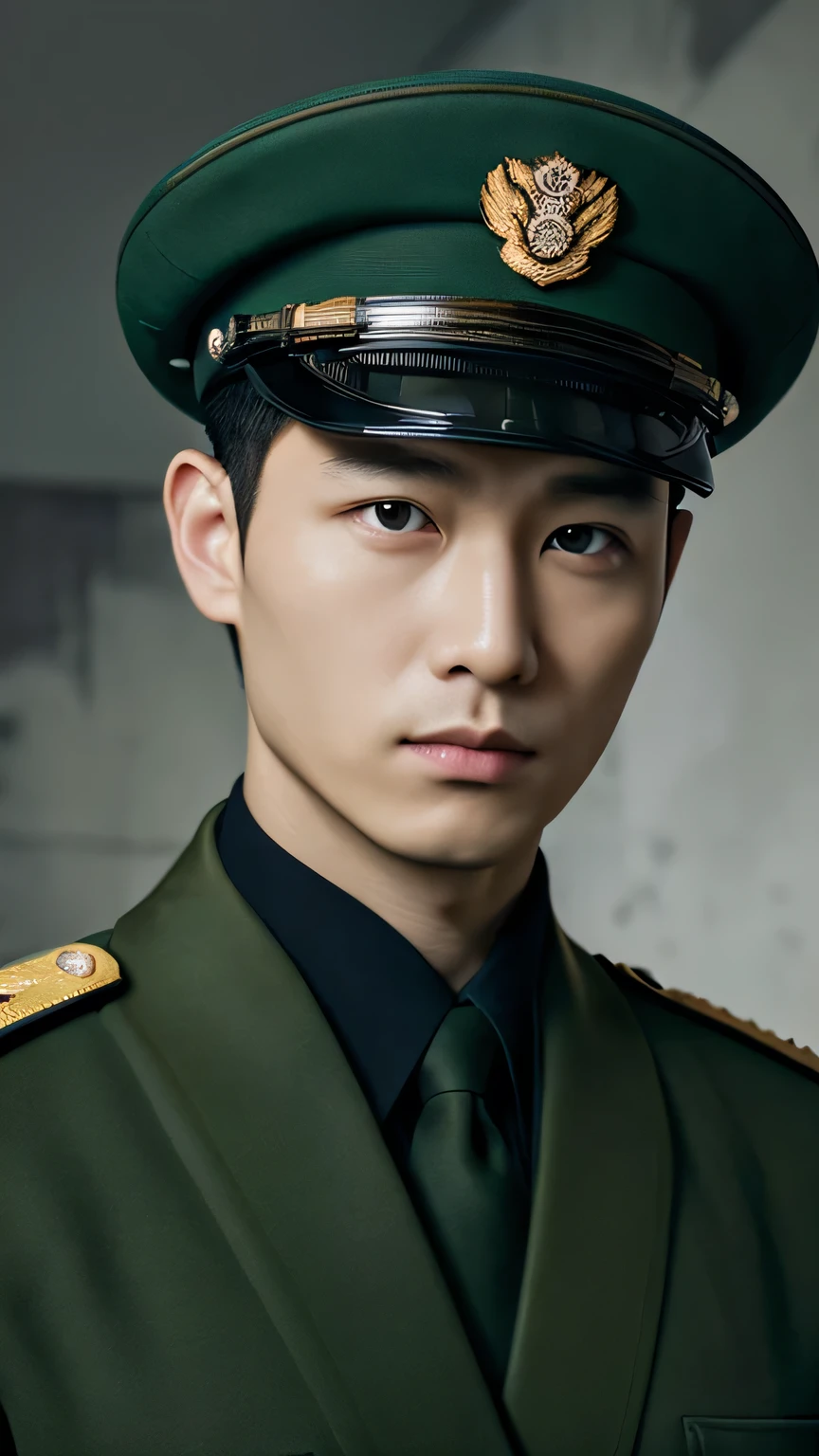 (Front focus), (in the darkness:1.4), Hyper-realistic portrait of male wearing dark green Chinese military uniform, Wearing a Chinese military cap dark green, serious face, Cold black eyes, Colonel's medal hanging on his shoulder, Use many gold medals, Fantasy Art, Photo-realistic, Dynamic Lighting, art station, poster, Volumetric Lighting, Very detailed face, 4K, The award-winning, 1boy in the darkness, Deep Shadows, Low profile, Cowboy shooting, (Official uniform:1.4), Shoot hair, Black Hair