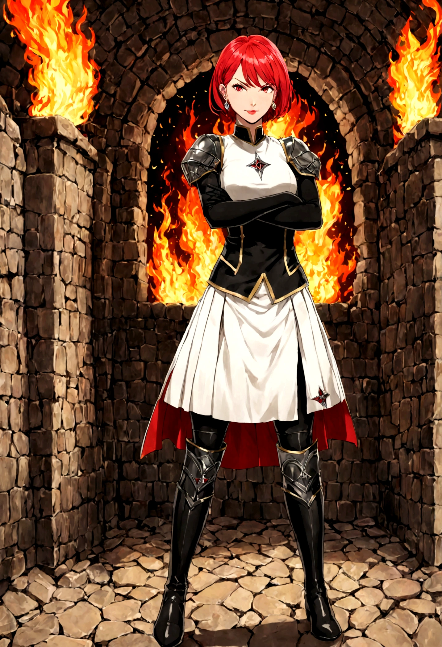 (((1 girl))) short hair, earrings ,Glossy lips ,Rockets uniforms, Red letter R, White Skirt, White short top, Black over-the-knee boots, Black elbow gloves, Evil smile, looking at the audience, Cowboy shooting, Arms Crossed, Mercedes von Matrice full body photo (Fire Emblem: three houses)
