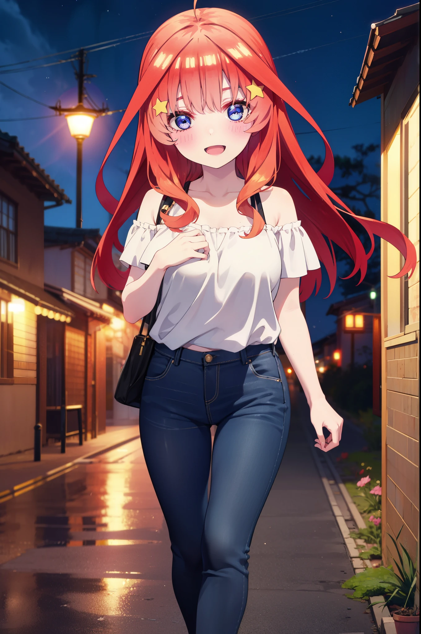 itsukinakano, Itsuki Nakano, bangs, blue eyes, Hair between the eyes, Ahoge, Redhead, star \(symbol\), hair ornaments, star hair ornaments,smile,blush,Open your mouth,,Cold shoulder tops,Skinny jeans,Short sleeve,Stiletto heels,night,Walking,moon,whole bodyがイラストに入るように,Looking down from above,
break outdoors, In town,Building district,
break looking at viewer, whole body,
break (masterpiece:1.2), highest quality, High resolution, unity 8k wallpaper, (figure:0.8), (Beautiful fine details:1.6), Highly detailed face, Perfect lighting, Highly detailed CG, (Perfect hands, Perfect Anatomy),