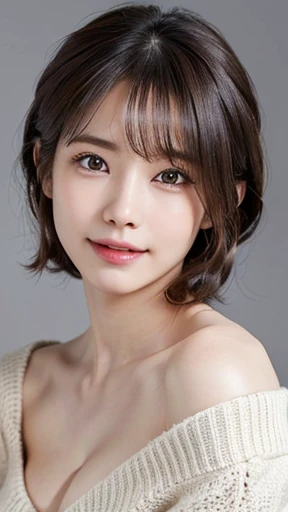(masterpiece:1.3), (8k, Photorealistic, Raw photo, Best image quality: 1.4), Japanese 、(Random Hairstyles:1.2)、Cleavage:1.2、Super detailed face、Attention to detail、double eyelid、Put your chest together、Sharp focus:1.2、Beautiful woman:1.4、Light brown hair、highest quality、masterpiece、超A high resolution、(Photorealistic:1.4)、Highly detailed and professionally lit smile、Off-the-shoulder sweater、Shoulders out、thin、Serious expression、Short-haired、Deadly position