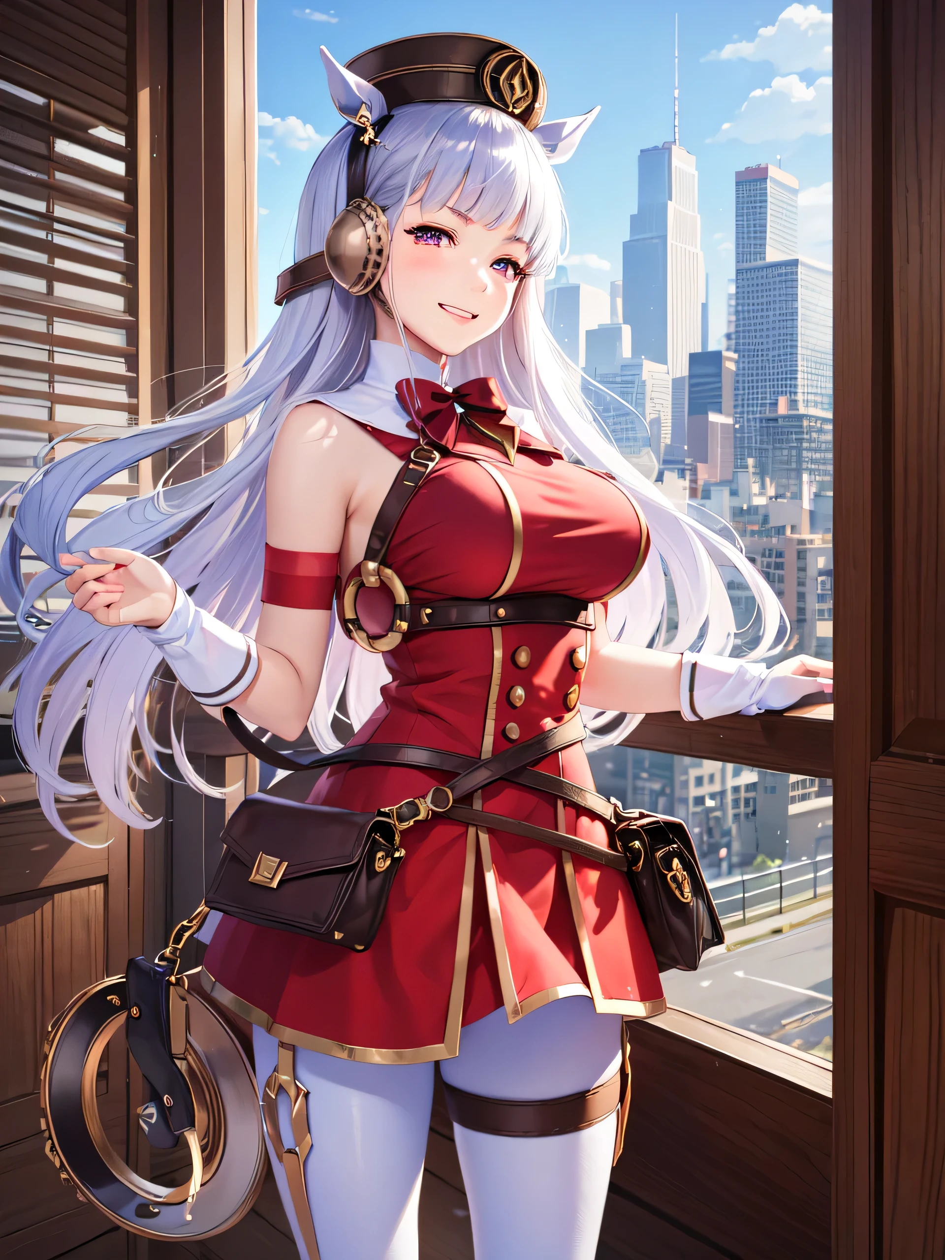 (masterpiece, highest quality:1.2), alone, One girl, umpd gold ship, pillbox hat,  Red dress,No sleeve, White Pantyhose, boots, Horse tail, Racecourse、Big Breasts、smile、Panties are see-through、blush