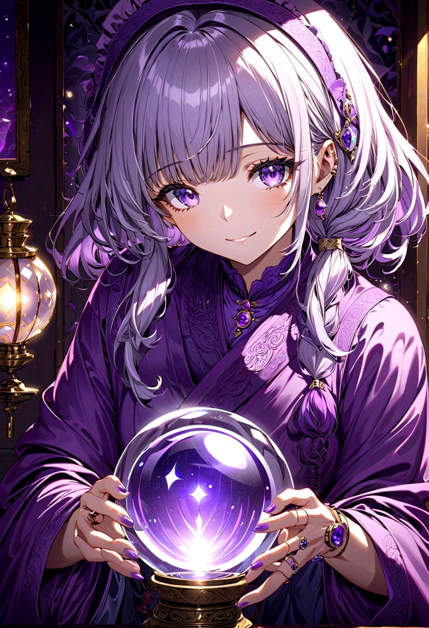 Granny wearing a silk robe Wizard Crystal Ball Gazing Dimly lit room Lamplight Crystal ball is light Smile a little nails are long fortune teller Purple silk Wearing a ring high resolution The hairstyle is big Gray Hair