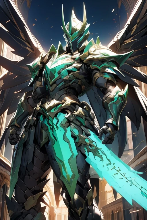 Black hair, short hair, hero, green eyes, perfect face, beautiful, high quality, details, 1 man, atractivo, powerful, strong, muscular, full body, black armor, younger man, 25 years, magic sword, no helmet, beard, dragon wings, Kirito