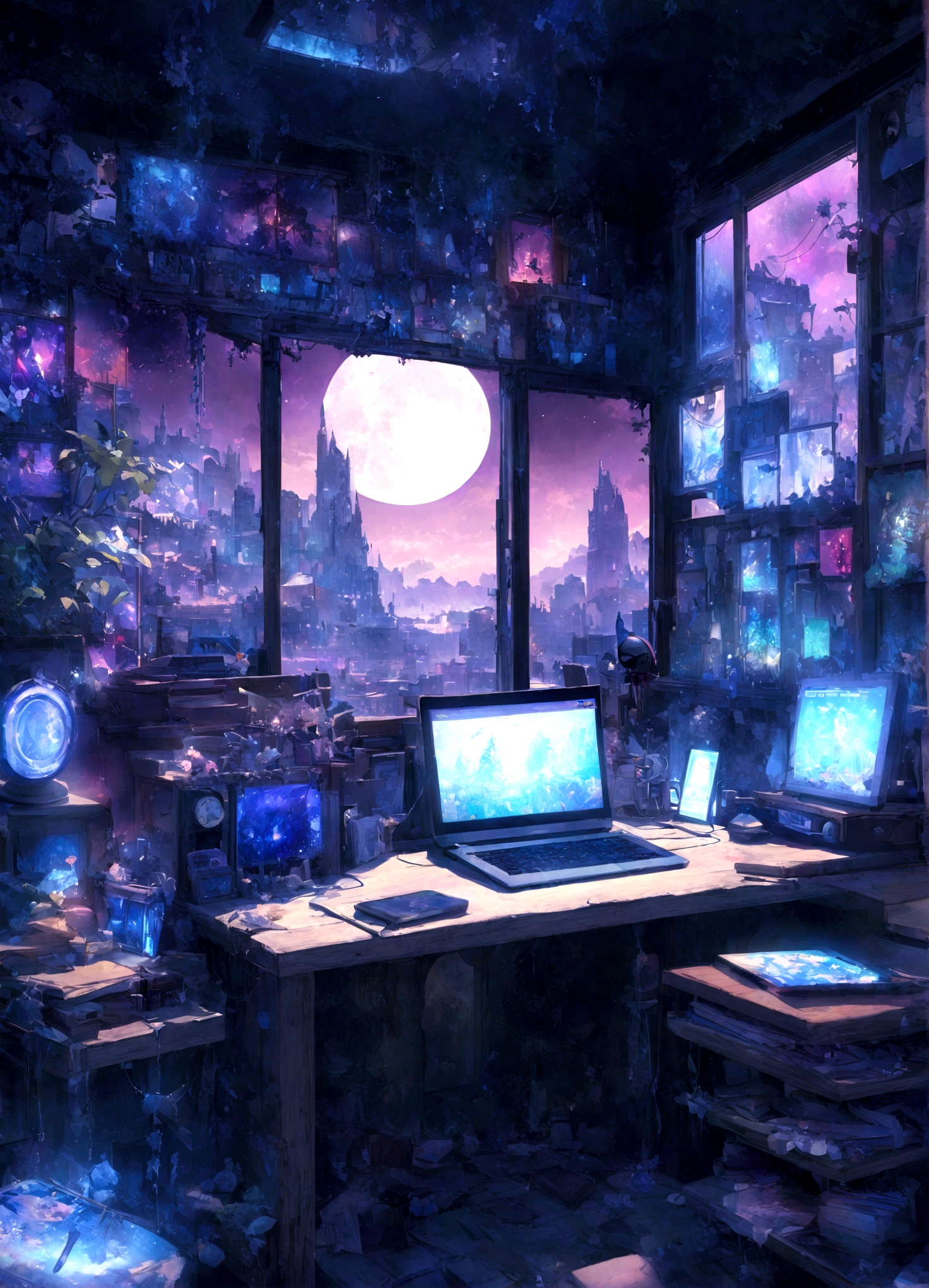 on the desk、No people、Tablet、liquid crystal、moon、PC Monitor、liquid crystalTablet、smartphone、wall、Dark atmosphere、Blue Neon、Blue Star、keyboard、Vocal Microphone、headphone、Large windows、scenery、white flowers and a laptop on a desk in front of a window, a digital painting inspired by Uragami Gyokudō, pixiv contest winner, magical realism, magic lab background, magical background, background art, personal room background, random background scene, anime background art, cozy cafe background, fairy tale style background, background artwork, mobile game background