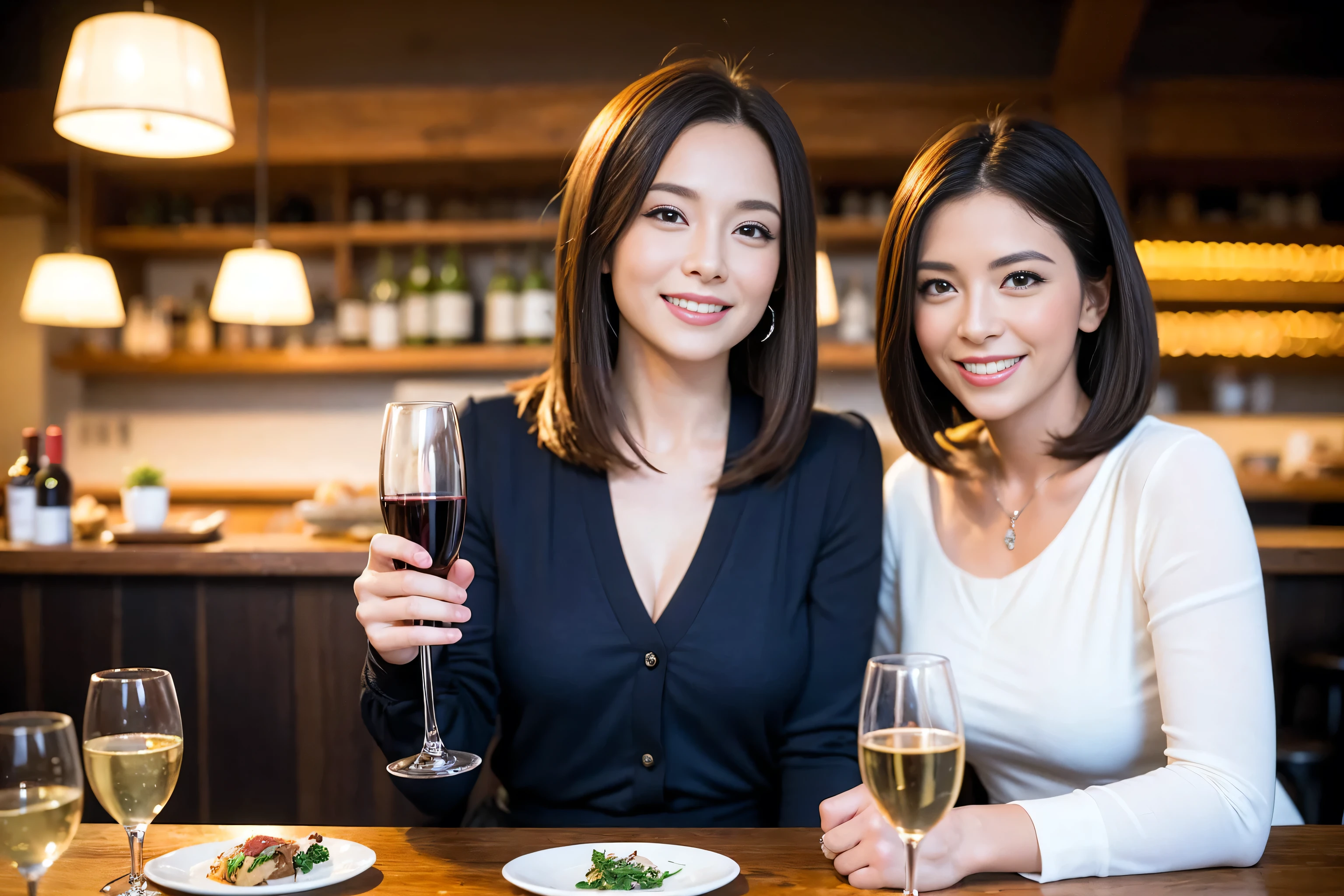 ((highest quality、8k、masterpiece:1.3))、1 male 1 female、Lovers、beautiful couple、Happy Smile、 (Slim face), (The body is スリム), (Brown Hair), (Shortcuts), ((Bob Hale、Straight hair:1.2)), Wine glass on the table、Please put light on my face、 Amazing view of the sunset sky and clouds、Amazing mountain views、The wonderfulness of smiles、Bright image、Blushing, Shortcuts,Bright Face、 (42 years old), 39 years old, red wine 、Appetizers、Italian food、Wine bottle、Champagne、sparkling wine、Long sleeve shirt、dress、Attractive beauty、restaurant, Nova Frog Style, actress, model, Upper Body, White wine, red wine, wine glass, 