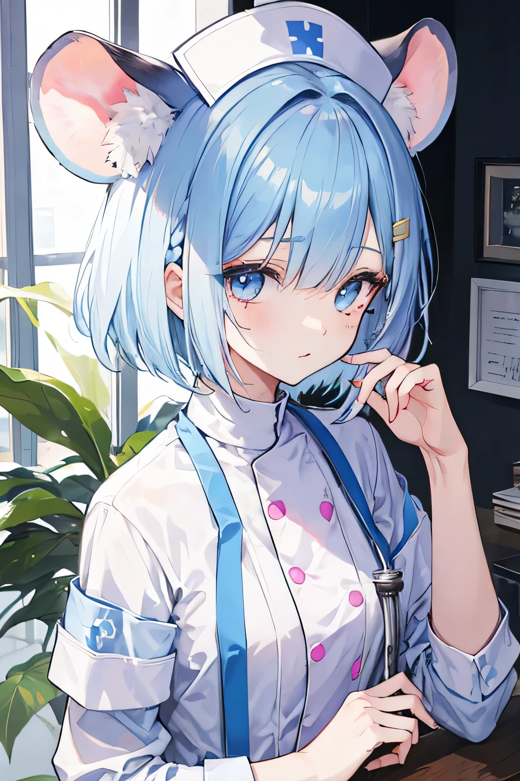 A girl with light blue bob and mouse ears 、Hair slightly braided、She has a mole under her eye, is palm-sized and sweet, and wears a light blue nurse's uniform with sexy frills and a heart-shaped opening on her chest.