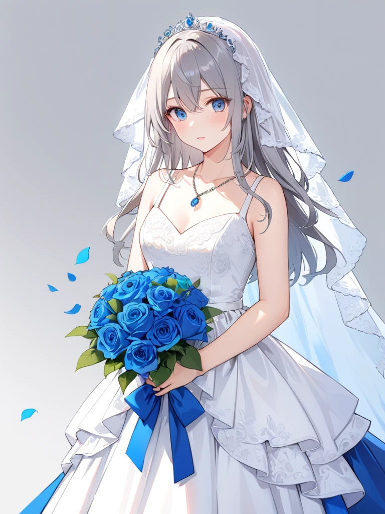 (((Best quality))),((Ultra-detailed)),((illustration)),((Disheveled hair)),((frilld)),(1 girl),(Solo),1girl,
1girl,
blue bow,
blue eyes,
blue flower,
blue ribbon,
blue rose,
bouquet,
breasts,
dress,
flower,
gradient,
gradient background,
grey background,
jewelry,
long hair,
necklace,
petals,
rose,
solo,
veil,
wedding dress,
white dress,
lexington \(warship girls r\),
gray hair,
long dress,
full body,