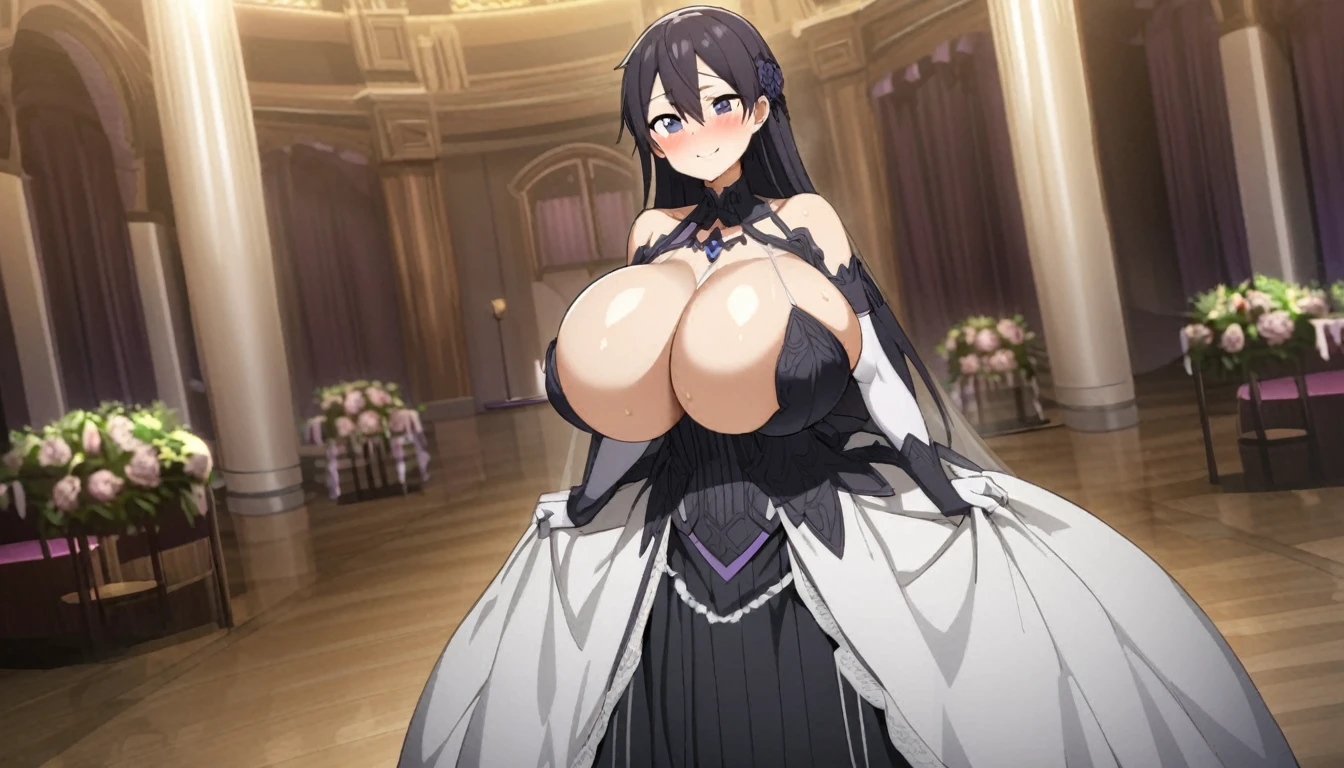 Kirito and Asuna black Wedding dress, purple eyes, blushing smile, standing alone in the wedding hall, Super huge big breasts breast enlargement