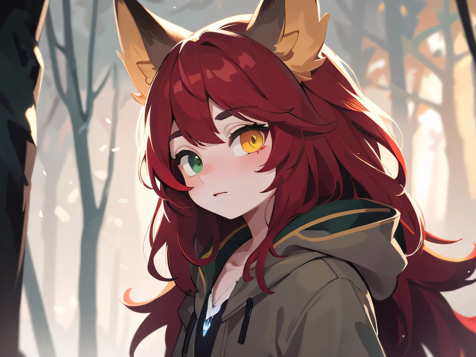 (best quality,4k,8k,highres,masterpiece:1.2),ultra-detailed,(realistic,photorealistic,photo-realistic:1.37),1boy,solo,(red hair:1.3),long hair,(heterochromia:2,green eye:1.5,yellow eye:1.5),(Grey coat:1.5),fox ears,fox tail,enchanted forest background,soft lighting,detailed facial features,intricate character design,mystical atmosphere,glowing eyes,beautiful colors,magical realism,fantasy art