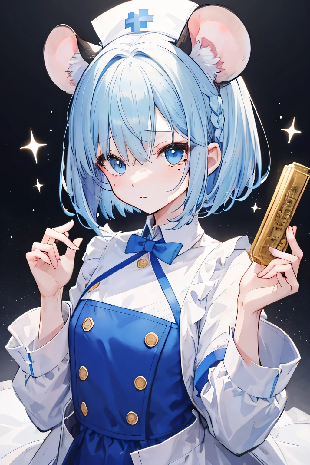 A girl with light blue bob and mouse ears 、Hair slightly braided、Gold pin、She has a mole under her eye, is palm-sized and sweet, and wears a light blue nurse&#39;s uniform with frills and a heart-shaped opening on the chest.
