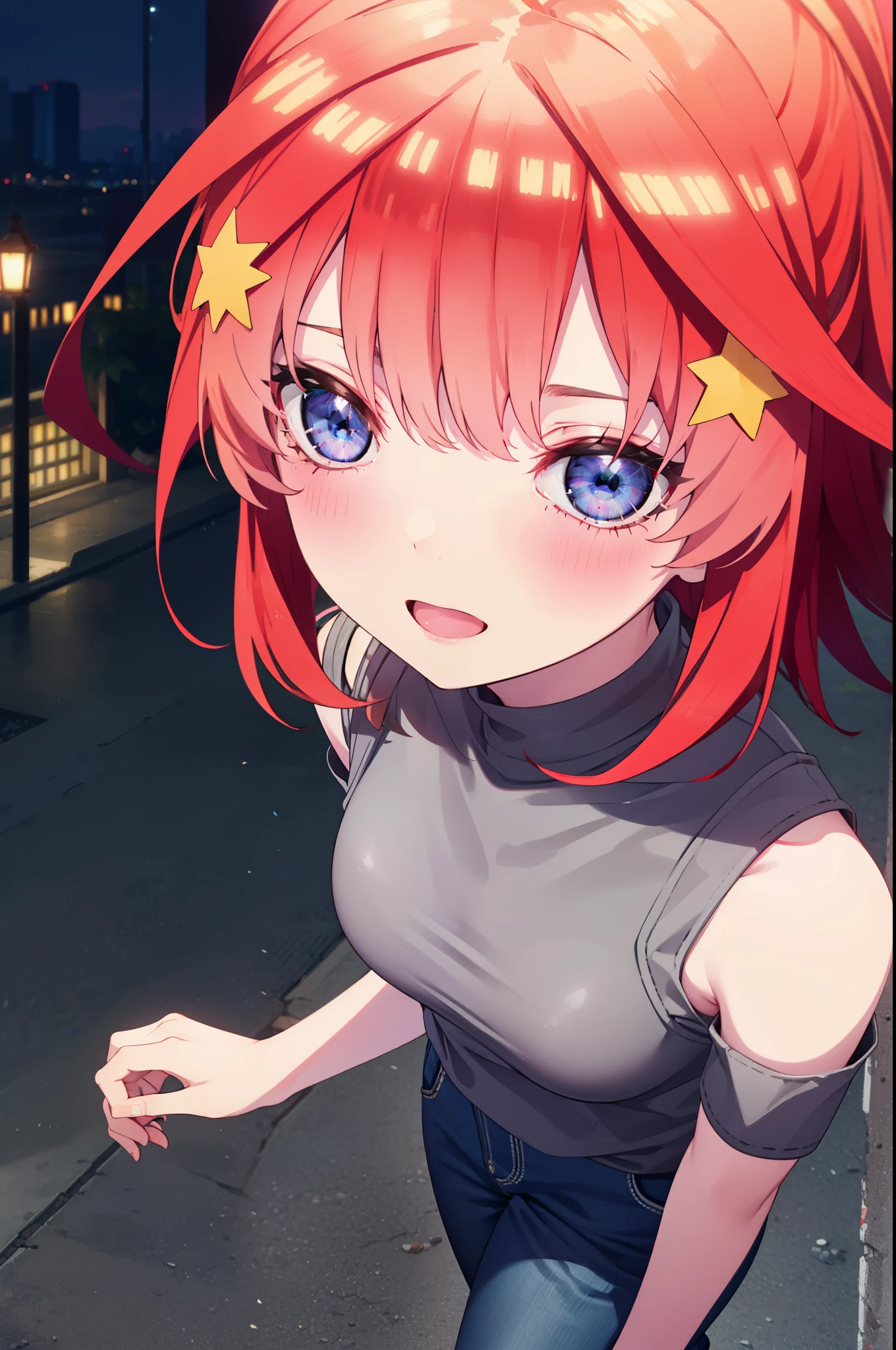 itsukinakano, Itsuki Nakano, bangs, blue eyes, Hair between the eyes, Ahoge, Redhead, star \(symbol\), hair ornaments, star hair ornaments,smile,blush,Open your mouth,,Cold shoulder tops,Skinny jeans,Short sleeve,Stiletto heels,night,Walking,moon,whole bodyがイラストに入るように,Looking down from above,
break outdoors, In town,Building district,
break looking at viewer, whole body,
break (masterpiece:1.2), highest quality, High resolution, unity 8k wallpaper, (figure:0.8), (Beautiful fine details:1.6), Highly detailed face, Perfect lighting, Highly detailed CG, (Perfect hands, Perfect Anatomy),