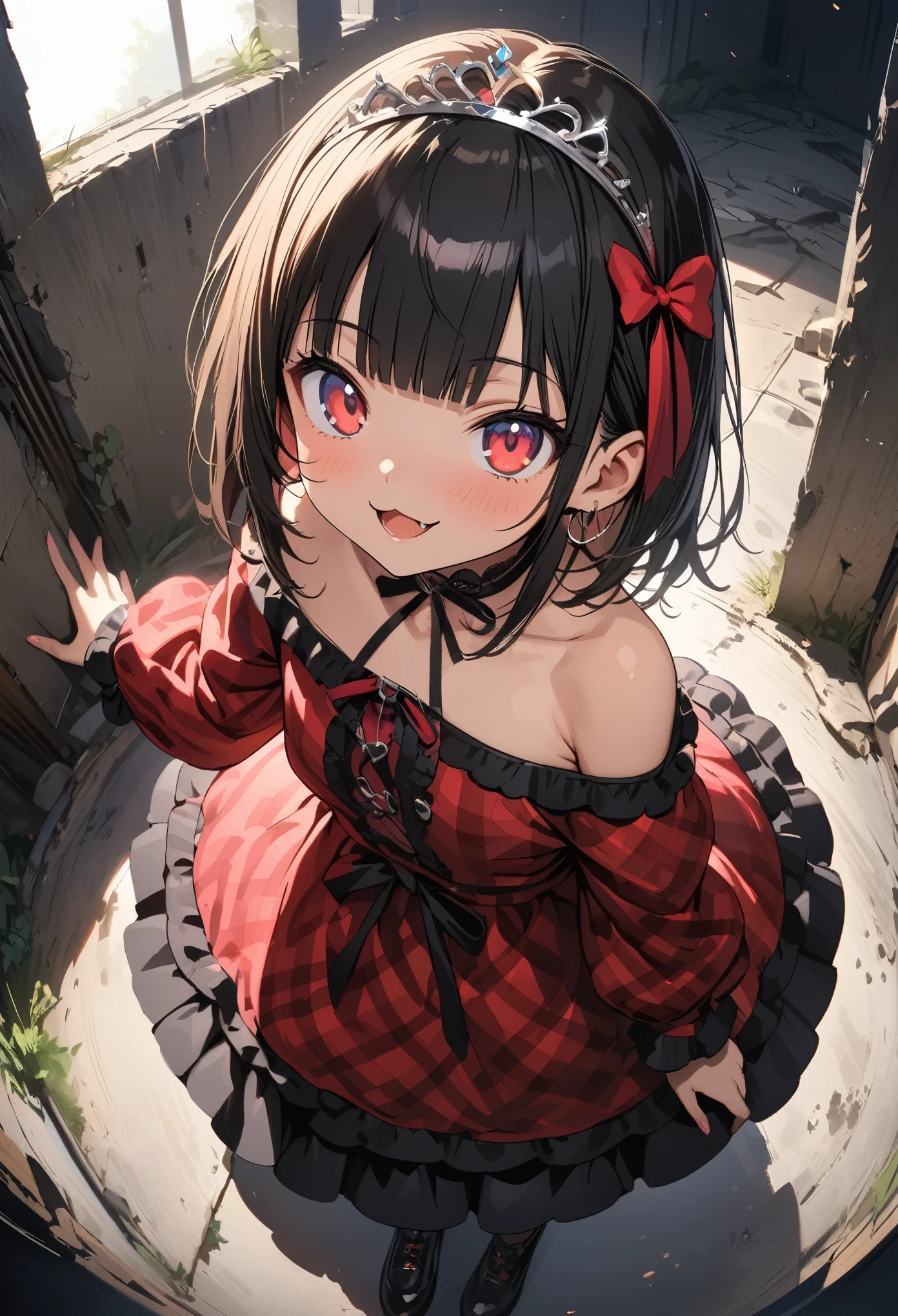 ((Masterpiece)), (Anime:1.3), ((best quality)), (super detail:1.2), (High Definition:1.3), (Professional Photography:1.2), (sharp focus), (perfect light), (fisheye), wide shot, (()), cute , Plaid dress, (Off-Shoulder dress), hoop dress, wearing toy tiara, lolita fashi(loose blunt bangs), :3, ((Vibrant Pose)), exposed bare shoulder and arms, lolita style, cumile, (naughty smile), open mouth, pretty, (Healthy slim body), emo style, red checker, (in the dim concrete basement), ribbon belt, white lilies, (Melted walls),
