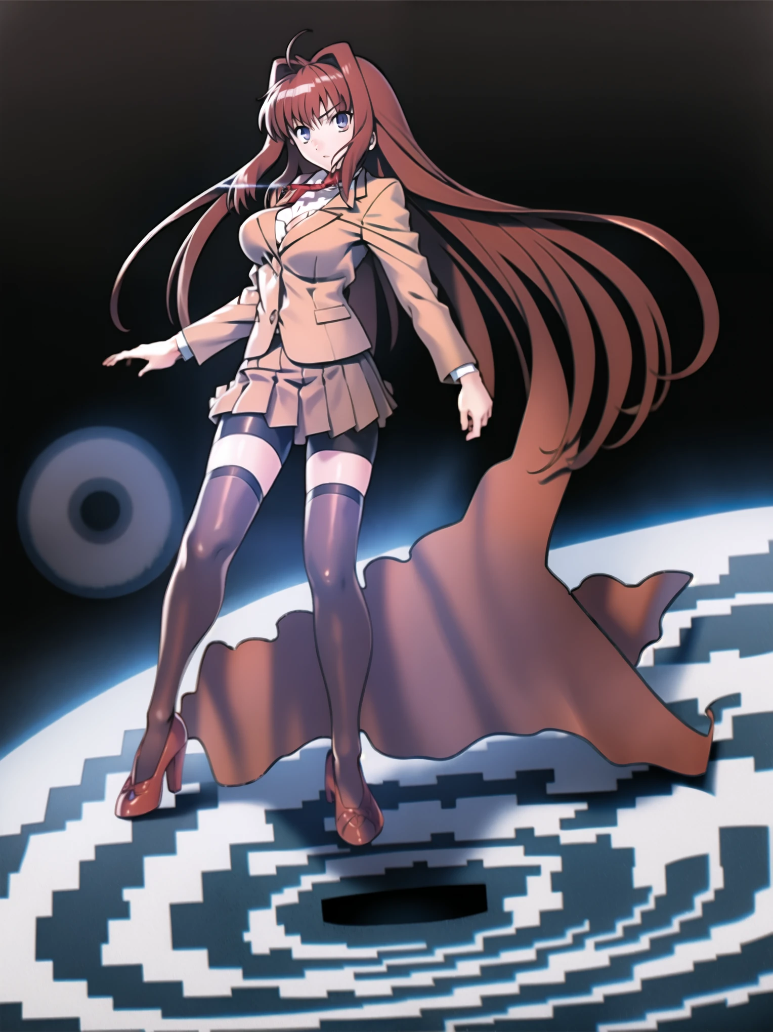 BREAK, centered. BREAK, (COMPLETELY WHITE BACKGROUND), BREAK (masterpiece:1), best quality, high resolution, 8k, illustration, (beautiful detailed eyes:1.5), extremely detailed face, extremely detailed body, CG, perfect hands, perfect anatomy, (((1girl))), ((solo)), (((bbaoko))), ((2 legs max)), ((2 feet max:1.6)), ((swirling vortex shaped longest brown hair:1.5)), (brown longest hair with slightly reddish undertone:1.6), (lush luscious longest brown hair:1.6), (very long voluminous longest brown hair:1.5), serious, blue eyes, red bowtie, (Form-fitting beige blazer:1.5), brown jacket, (highly detailed beautiful face:1.2), (white shirt:1), (well shaped large breasts:1.6), (nice hips:1), (((Umber pleated thigh-high skirt:1.6))), (((black bike shorts:1.4))), (toned thighs:1.6), (jetblack thighhighs:1.6), (strap shoes brown color), (facing front:1.5), ((standing straight:1.5)), ((Fullbody in frame:1.6)), ((Full body:1.5)), ((takeuchi takashi:1.3))

