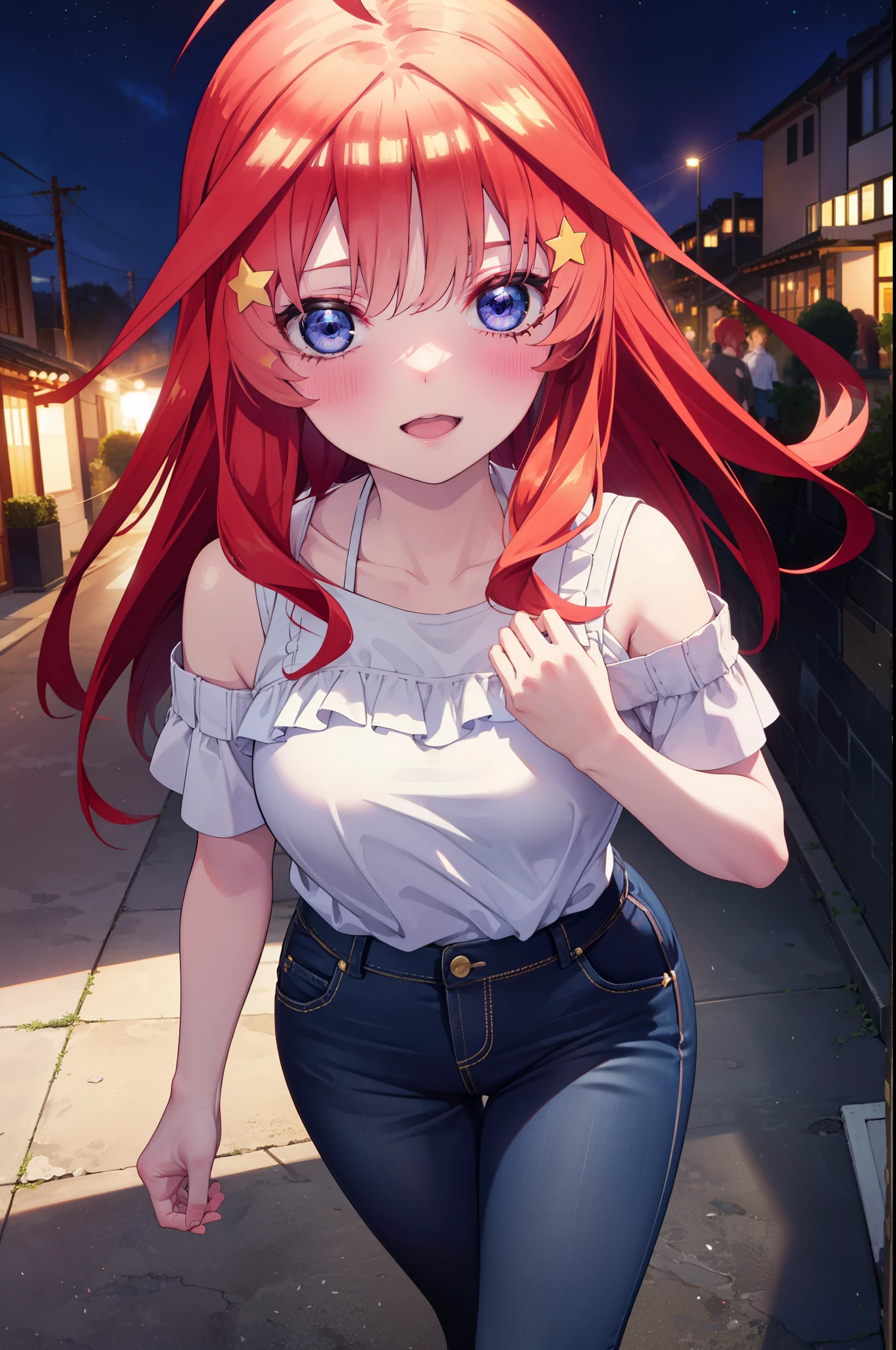 itsukinakano, Itsuki Nakano, bangs, blue eyes, Hair between the eyes, Ahoge, Redhead, star \(symbol\), hair ornaments, star hair ornaments,smile,blush,Open your mouth,,Cold shoulder tops,Skinny jeans,Short sleeve,Stiletto heels,night,Walking,moon,whole bodyがイラストに入るように,Looking down from above,
break outdoors, In town,Building district,
break looking at viewer, whole body,
break (masterpiece:1.2), highest quality, High resolution, unity 8k wallpaper, (figure:0.8), (Beautiful fine details:1.6), Highly detailed face, Perfect lighting, Highly detailed CG, (Perfect hands, Perfect Anatomy),