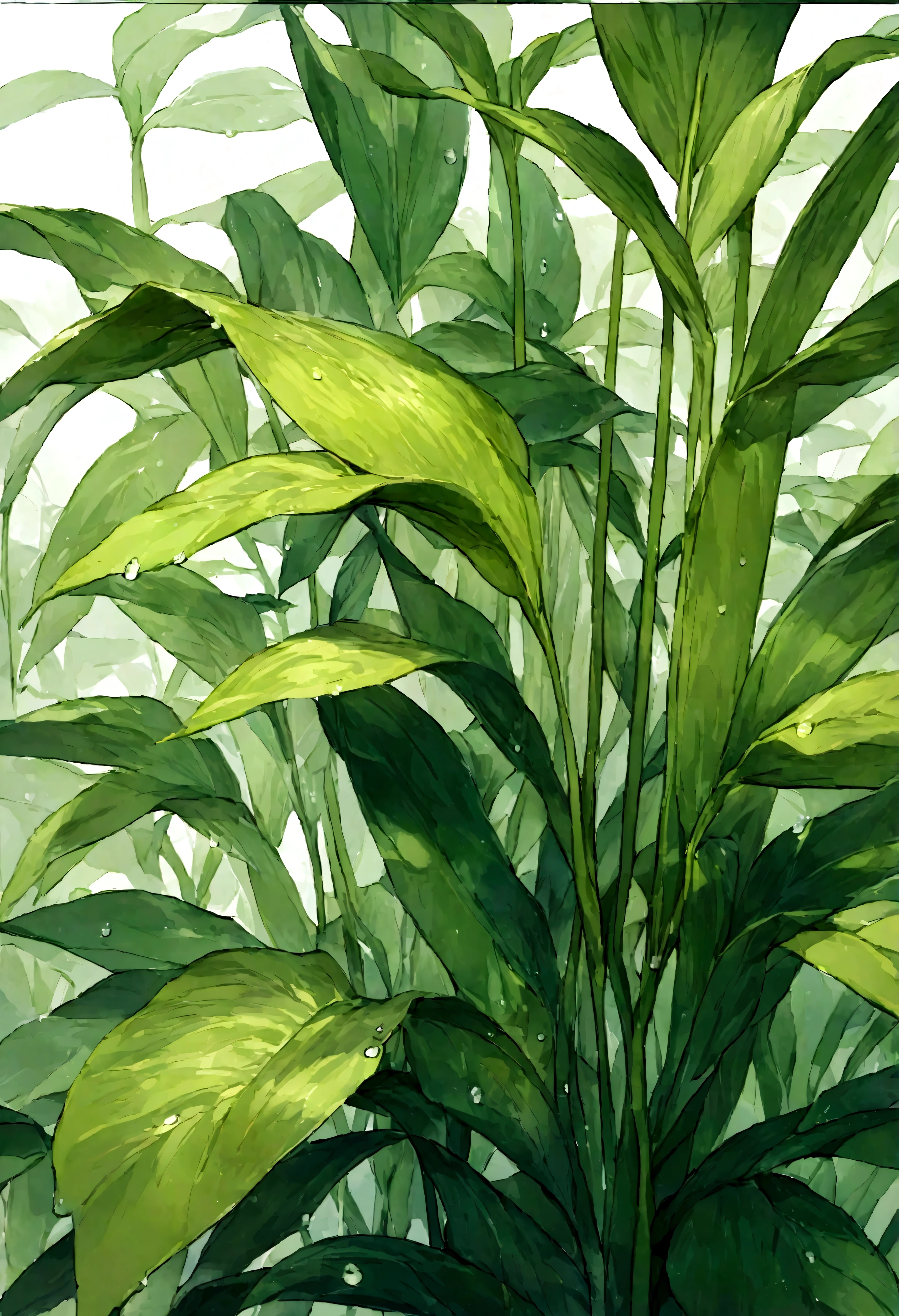 Twenty-four solar terms，The sky went blank，partly cloudy，jungle,  Water reed plant，Close up of leaves with dew，masterpiece