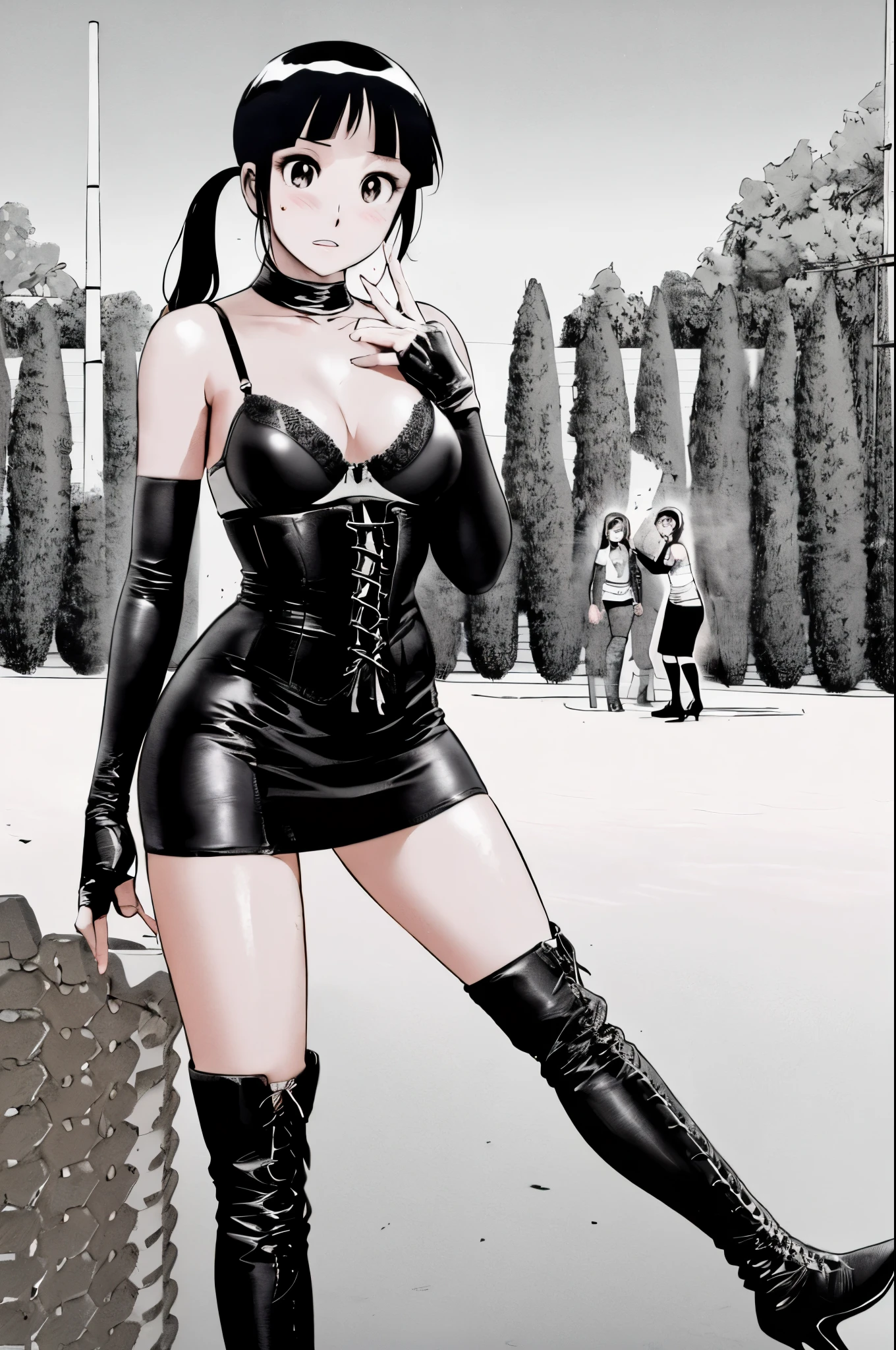 、(((Lori:1.4)))、(((low length:1.4)))、(((Child body type:1.4)))、(((5 heads)))、BDSM、Queen、mistress、(((One girl)))、solo、(((Long gloves covered to the fingertips in black latex:1.4 )))、(((Black latex corset dress:1.4)))、(((The corset dress is decorated with beautiful lace.)))、(((Corset dress with shoulder straps)))、(((Black latex tight mini skirt:1.4)))、(((Black Thigh Boots)))、(((Black fishnet stockings:1.2 )))、(((Stiletto heel boots:1.4)))、(((Black latex panties)))、(((Black latex bra)))、(((Black leather collar)))、(((Sexy pose:1.4 )))、Wide-open legs:1.2、(((Erotic)))、(((Cowboy Shot)))、(((garden)))、(((blue sky)))、Show Viewer,
Black Hair,(Tied Hair,Blunt bangs:1.2), Small breasts, (highest quality:1.3),One Girl,lipstick、Low Ponytail、eyeliner / Mascara Eyeshadow、bad woman、Lame、hair ornaments, Show Viewer, High heels,sadistic、Taunt、Devilish Laugh、Frowning、Full body image、Long legs、Black Micro Mini Dress、black tights、Anatomically perfect body、Two perfect anatomical hands、Two perfect anatomical legs、Detailed face、Detailed eyes、 (highest quality:1.3),Big and ample breasts 、(blush:1.4)、(Embarrassing:1.2)、