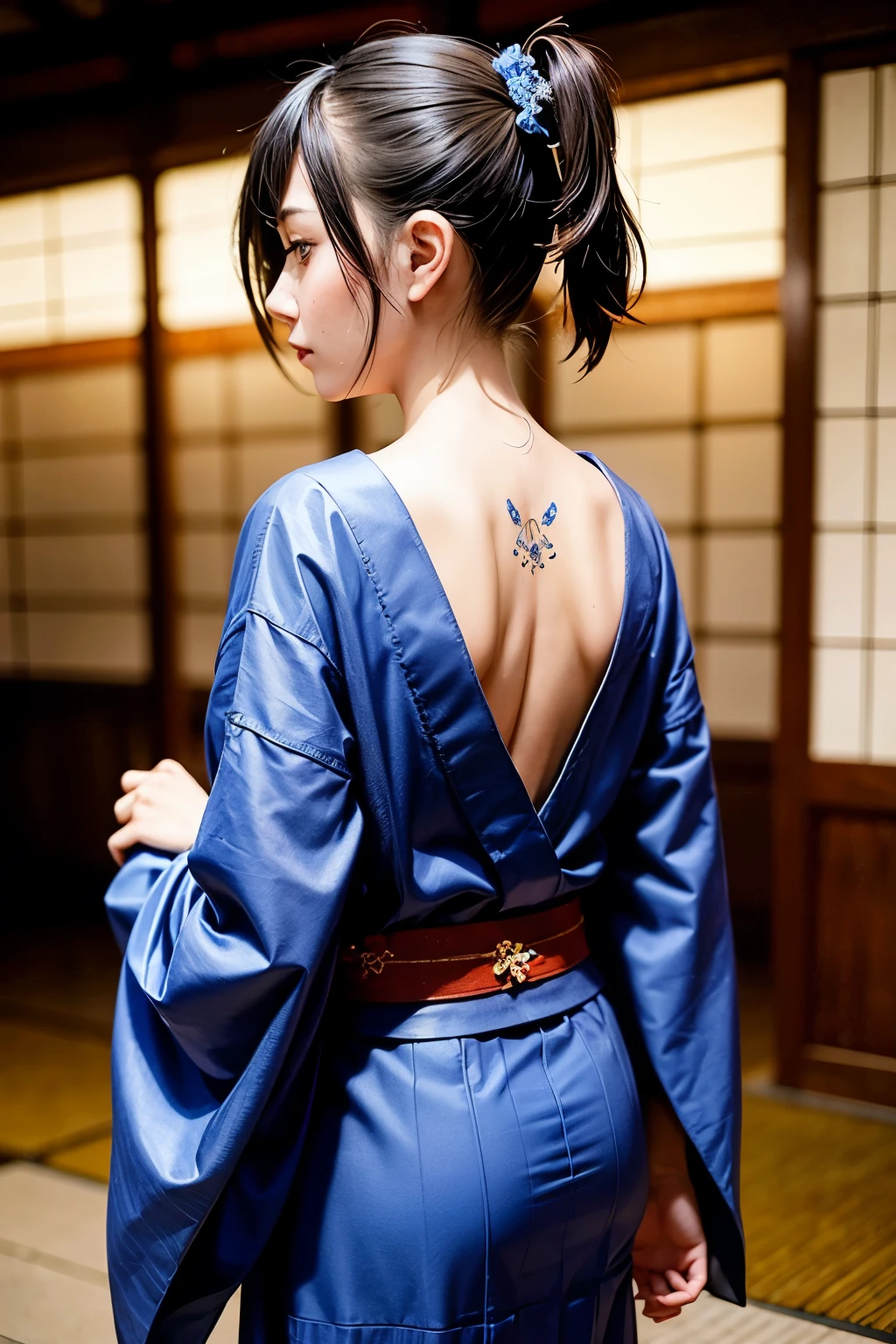 1 Girl,Back,Wear Japanese kimono,Blue tattoo on back,The background is dark,Stand in front of the shrine 