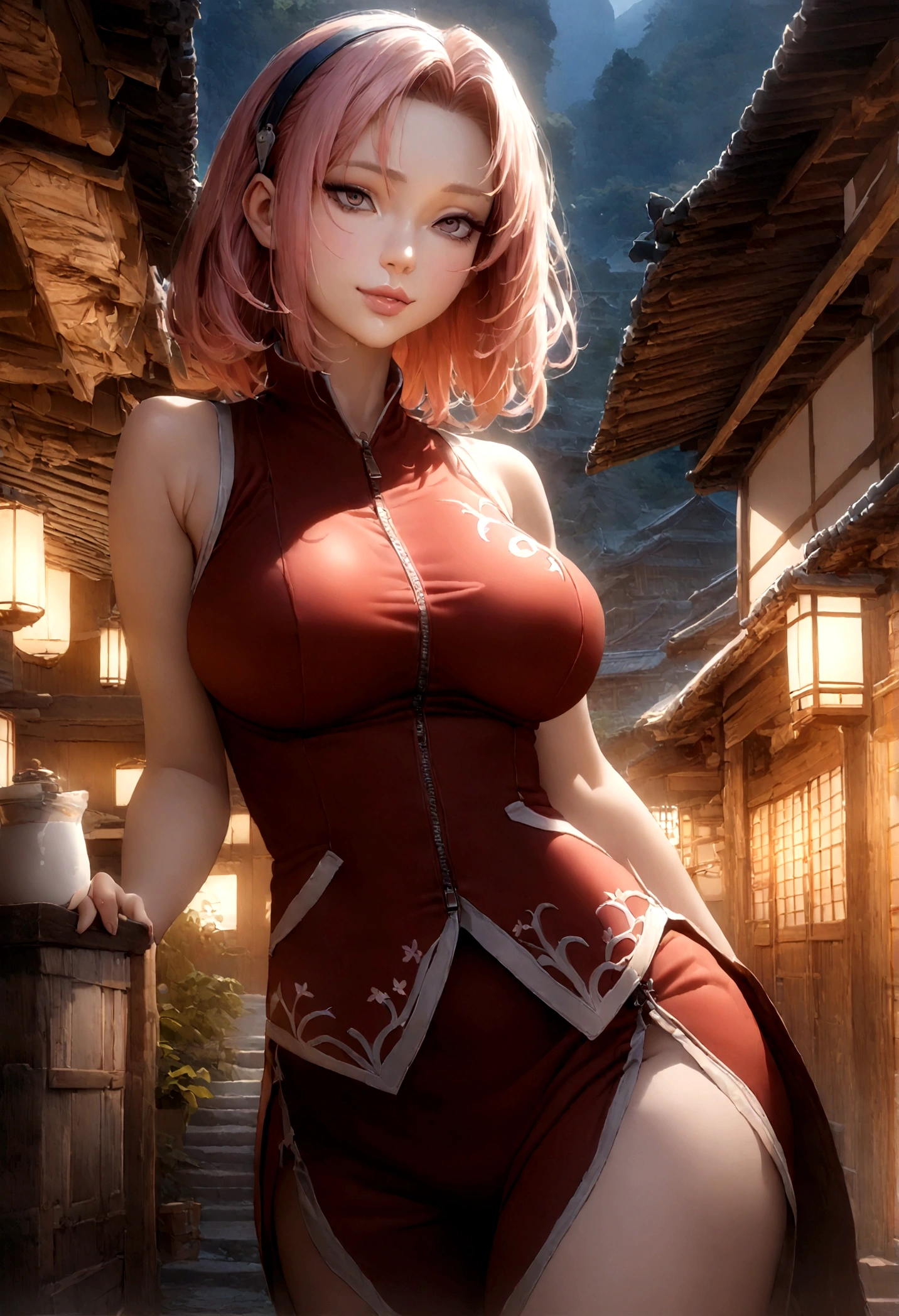 Top quality, 8k, 32k, Masterpiece, photorealistic, realistic, (photorealistic:1.5), solo, smile, (dramatic lighting:1.2), professional makeup, (natural big breasts:1.5), (seductive:1.5), (sexy:1.5) beautiful white face shining, gorgeous face, pink cheeks, beautiful lips, porcelain skin, detail intricate, super detailed, super high, highest detailed, high detailed, delicate, incredible detailed, fine detailed, (cinematic lighting:1.2), top quality, smooth and beautiful, CG, unity, 8k wallpaper, Stunning, fine detail, unity CG wallpaper 8k ultra-detailed, large file size, ultra-detailed, high resolution, incredible detail, stunning detail, depth of field, cowboy shots, a Japanese village, blooming season, outdoor, bright scenery, slim body shape, Sakura Haruno, Sakura Haruno outfit, (big eyes:1.2), pink hair, (long hair:0.9), red Mock Neck Sleeveless Tank Top, Zipper Front.