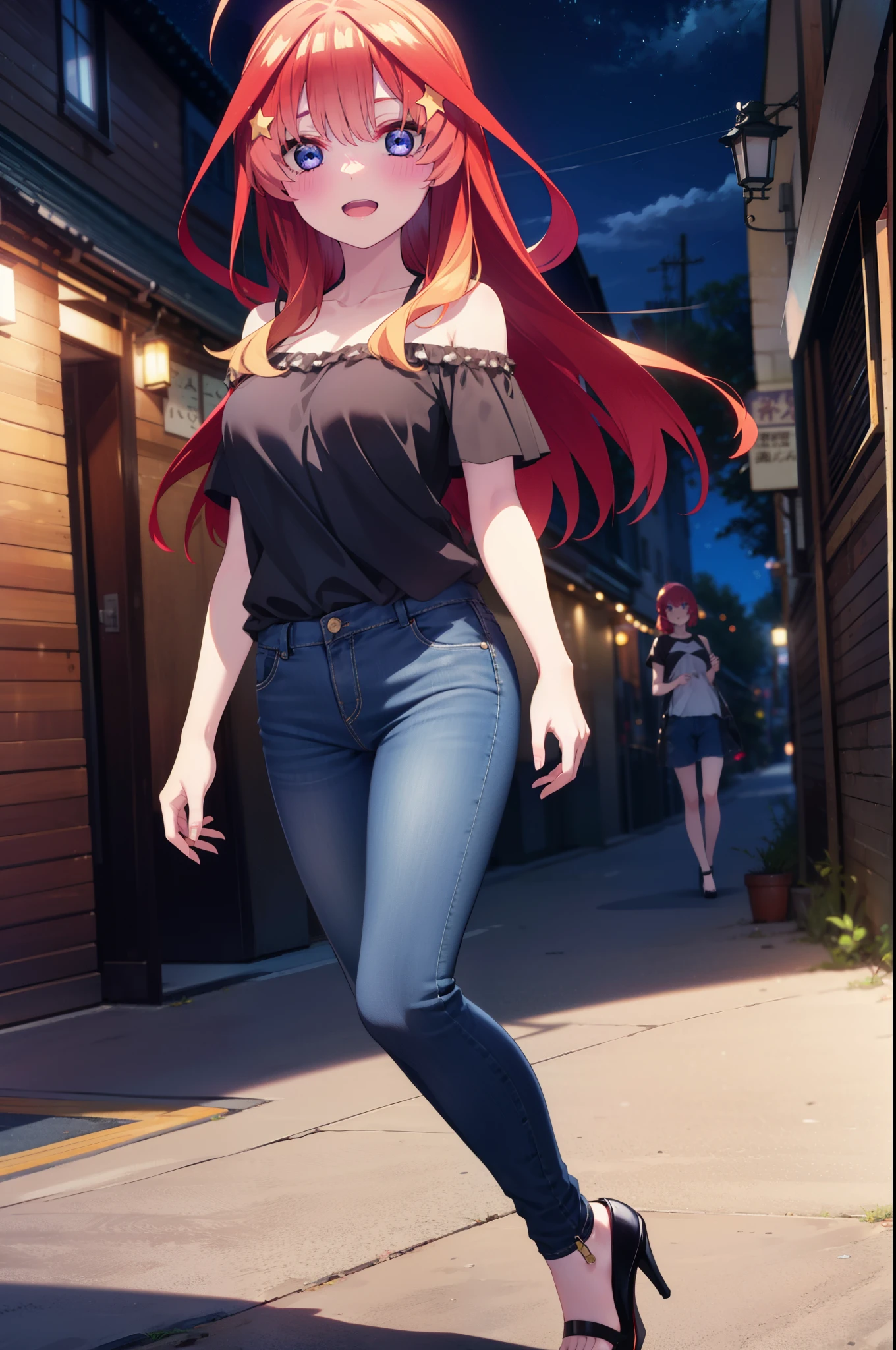 itsukinakano, Itsuki Nakano, bangs, blue eyes, Hair between the eyes, Ahoge, Redhead, star \(symbol\), hair ornaments, star hair ornaments,smile,blush,Open your mouth,,Cold shoulder tops,Skinny jeans,Short sleeve,Stiletto heels,night,Walking,moon,whole bodyがイラストに入るように,Looking down from above,
break outdoors, In town,Building district,
break looking at viewer, whole body,
break (masterpiece:1.2), highest quality, High resolution, unity 8k wallpaper, (figure:0.8), (Beautiful fine details:1.6), Highly detailed face, Perfect lighting, Highly detailed CG, (Perfect hands, Perfect Anatomy),