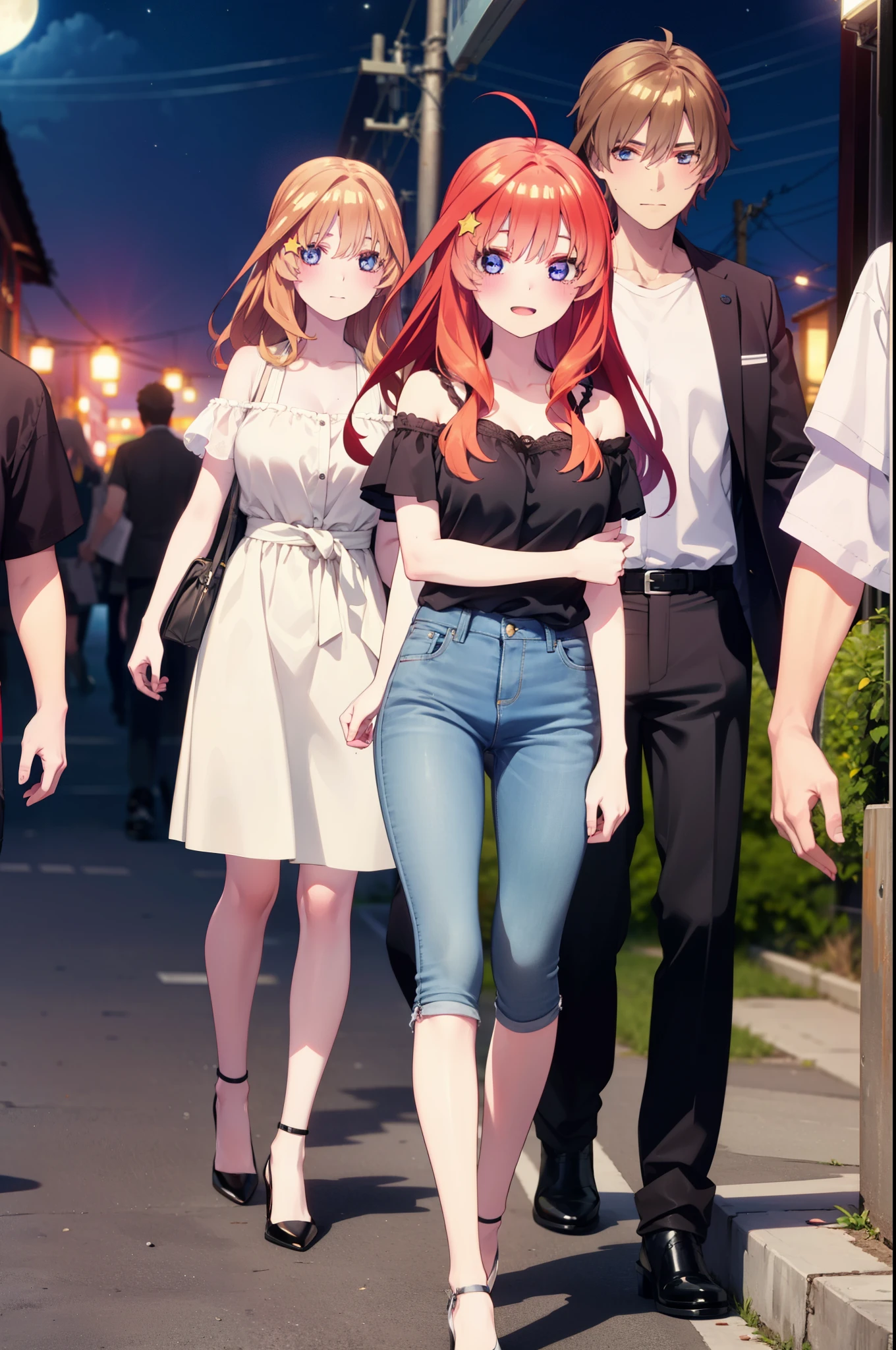 itsukinakano, Itsuki Nakano, bangs, blue eyes, Hair between the eyes, Ahoge, Redhead, star \(symbol\), hair ornaments, star hair ornaments,smile,blush,Open your mouth,,Cold shoulder tops,Skinny jeans,Short sleeve,Stiletto heels,night,Walking,moon,whole bodyがイラストに入るように,Looking down from above,
break outdoors, In town,Building district,
break looking at viewer, whole body,
break (masterpiece:1.2), highest quality, High resolution, unity 8k wallpaper, (figure:0.8), (Beautiful fine details:1.6), Highly detailed face, Perfect lighting, Highly detailed CG, (Perfect hands, Perfect Anatomy),