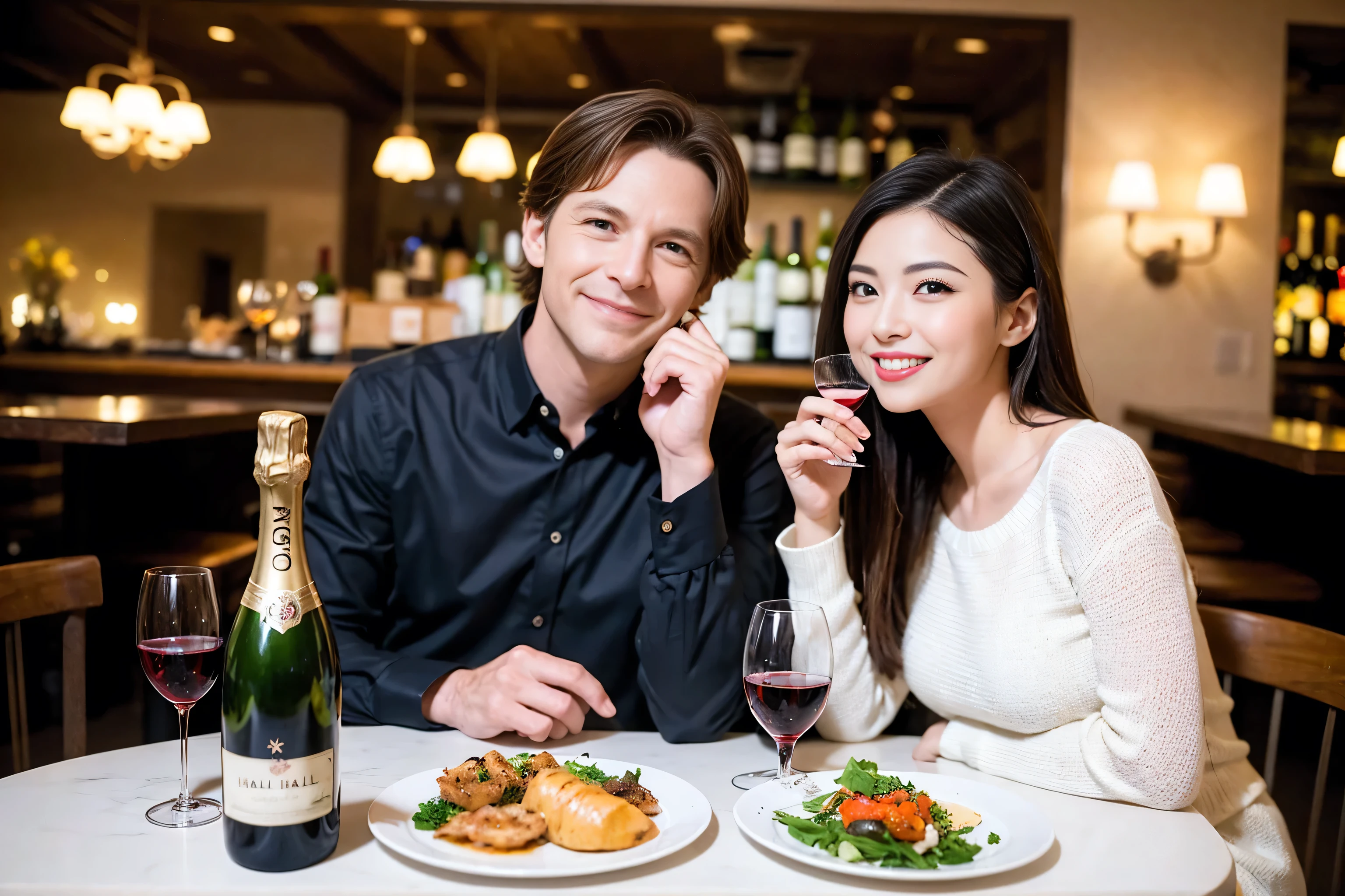 ((highest quality、8k、masterpiece:1.3))、1 male 1 female、Lovers、beautiful couple、Happy Smile、 (Slim face), (The body is スリム), (Brown Hair), (Shortcuts), ((Bob Hale、Straight hair:1.2)), Wine glass on the table、Please put light on my face、 Amazing view of the sunset sky and clouds、Amazing mountain views、The wonderfulness of smiles、Bright image、Blushing, Shortcuts,Bright Face、 (42 years old), 39 years old, red wine 、Appetizers、Italian food、Wine bottle、Champagne、sparkling wine、Long sleeve shirt、dress、Attractive beauty、restaurant, Nova Frog Style, actress, model, Upper Body, White wine, red wine, wine glass, 