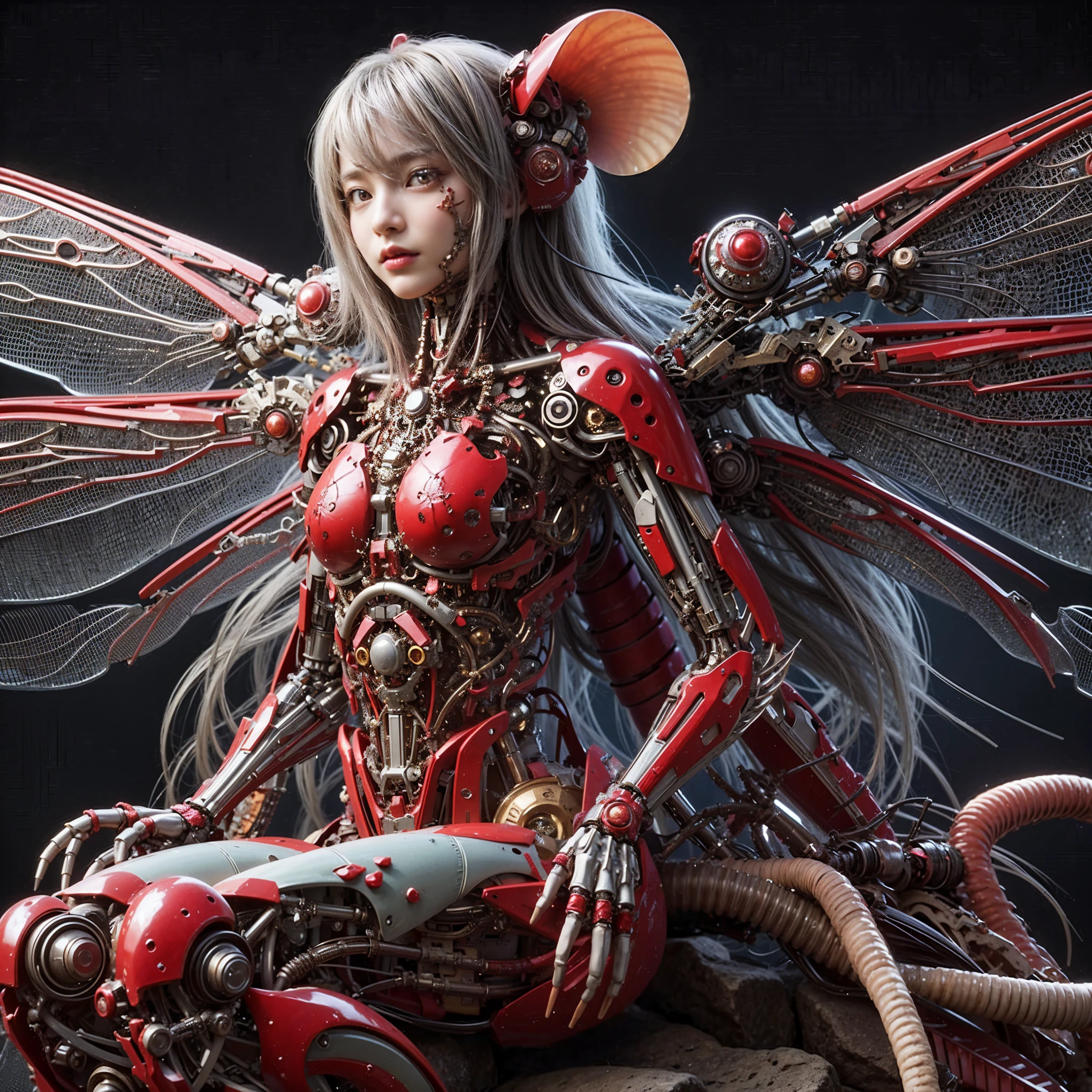 (top-quality:1.2, masterpiece), ultra high res,ultimately surrealism, (Photorealsitic:1.4), (stag beetle-like (mechanical:1.4) (armor:1.1)),mechanical large wings, red porcelain body、mechanical legs, gray  hair、glowy skin、1 Cyborg girl、(mechanical frame:1.3), japanese, extremely real face,  ((super realistic details)), full body shot, globalillumination, octan render, ultrasharp, character edge light, Details of complex ornaments, Acrylic Clear Cover, Hydraulic cylinder