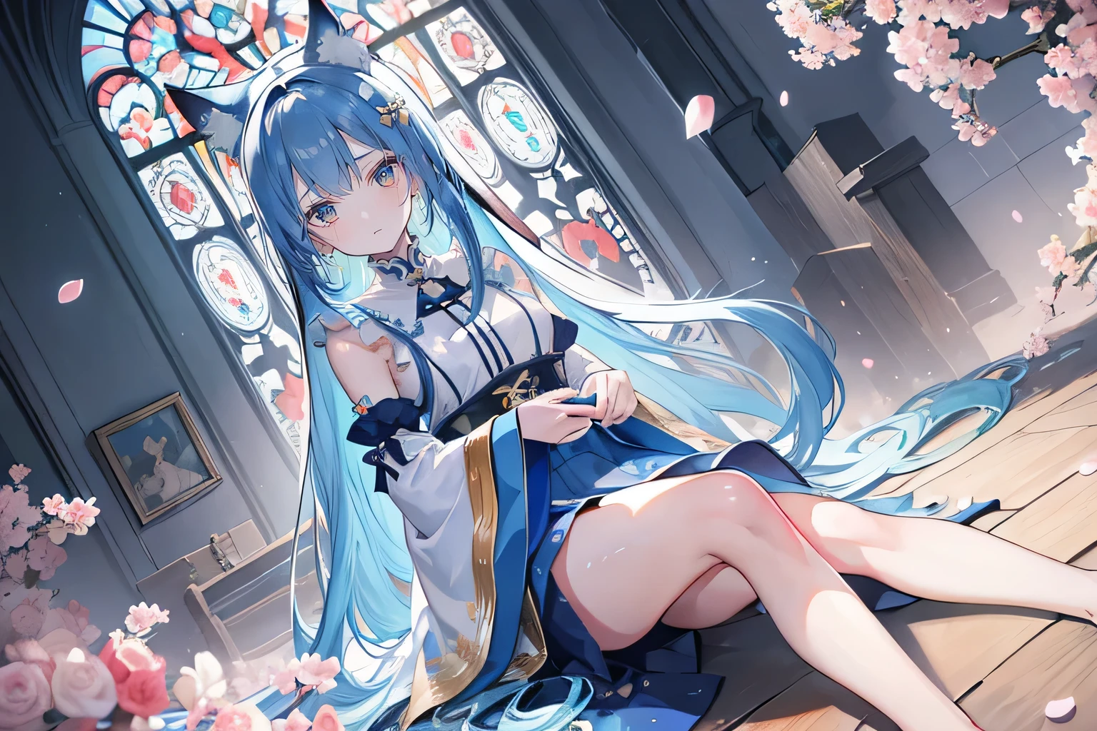 (masterpiece:1.2),Extremely detailed,Practical,expressive eyes,Fair skin,Perfect face shaping,1 Girl,
Japanese cartoons,Gorgeous blue hair, the long flowing blue hair,Floating clothes,Cat ears,Petals fall,beautiful lola,Young Angel,
Place your hands on your waist,sit elegantly on the ground,Cross your legs,Gentle and peaceful background,church,Nun's Clothes,back view,lie on the water,Large Breasts, H Cup, Good breasts, Place your hands on your waist,beautiful, Gorgeous,Japanese cartoons,girl,Lola,Hina Angel, Blue Hair, Blue Haired,Tent breasts, tent box, tent chest, Floating clothes,Grab your waist, Grab your waist, Hands on Hips , hands on hips,sit, sit on ground, Legs on the ground.