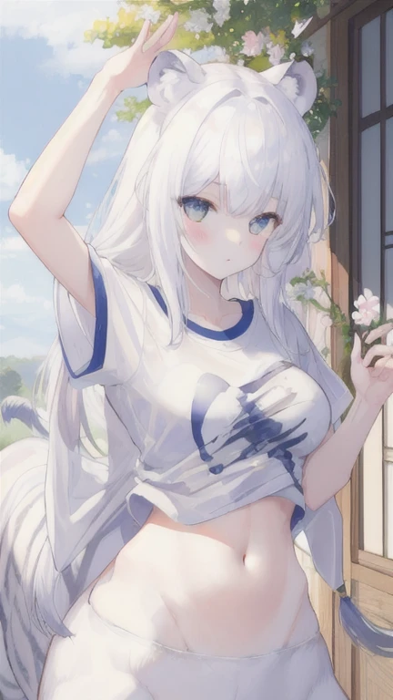 (best quality, masterpiece), 1 girl, centaur, It takes, White skin, Japanese , exposing the abdomen,belly button t-shirt, beautiful girl perfect white tiger photo, perfect white tiger photo