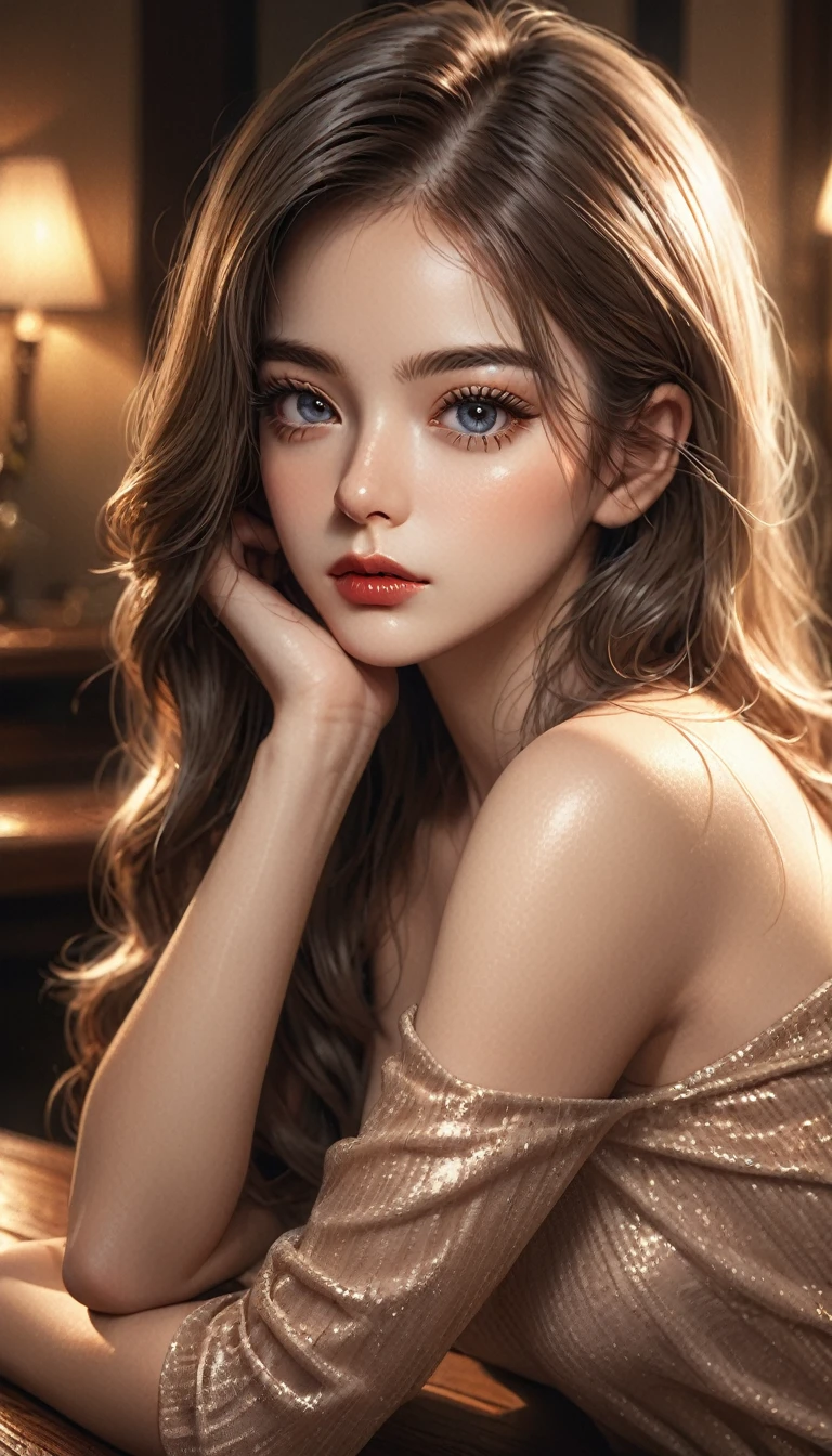 portrait of a beautiful nude girl sitting on a table, detailed facial features, beautiful eyes, full lips, long eyelashes, detailed skin, shiny hair, elegant pose, dramatic lighting, cinematic mood, warm color palette, 8k, high resolution, photorealistic, hyperdetailed, masterpiece